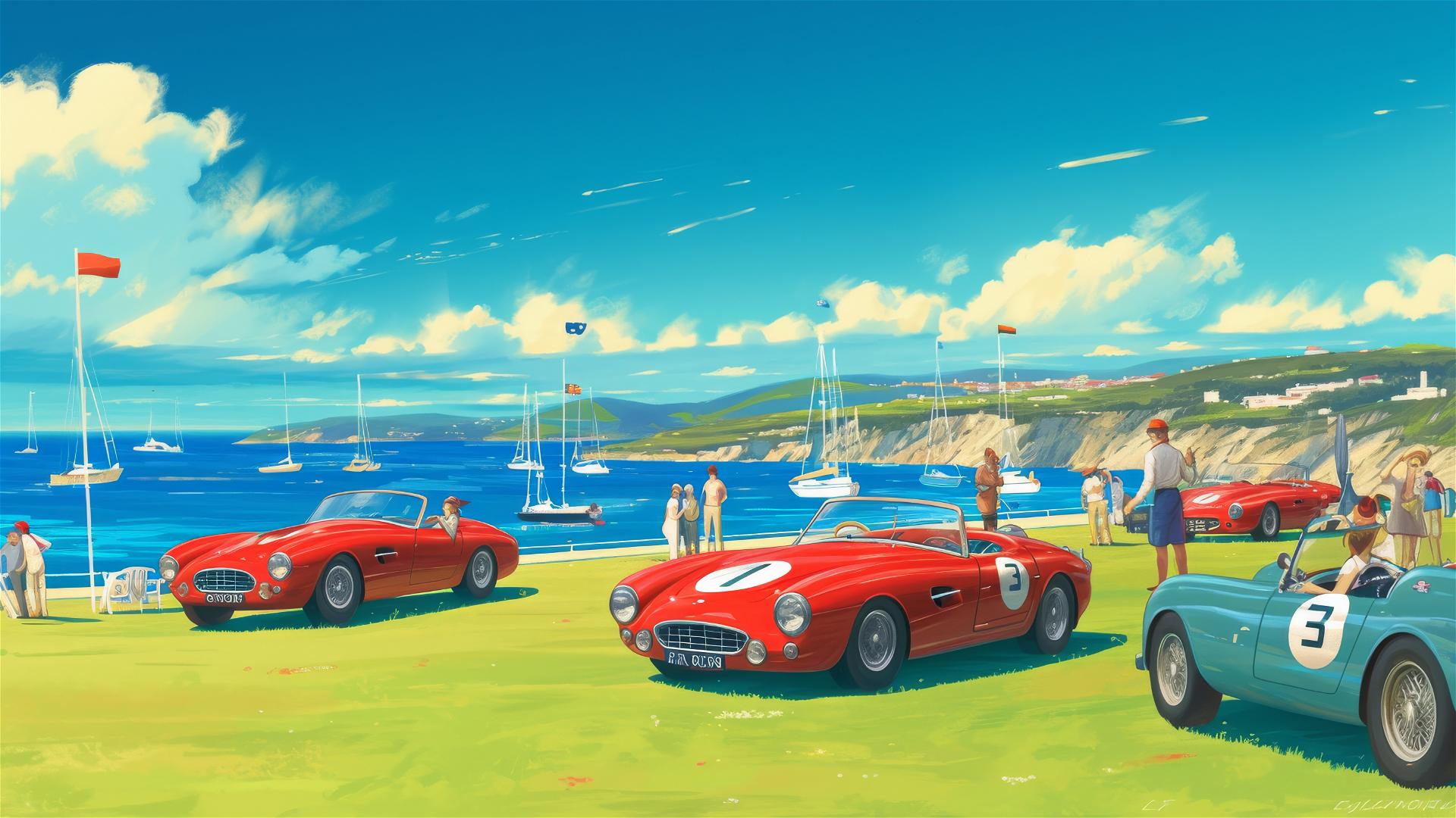 Luxurious cars on a grassy lawn under a blue sky in Galicia, Spain