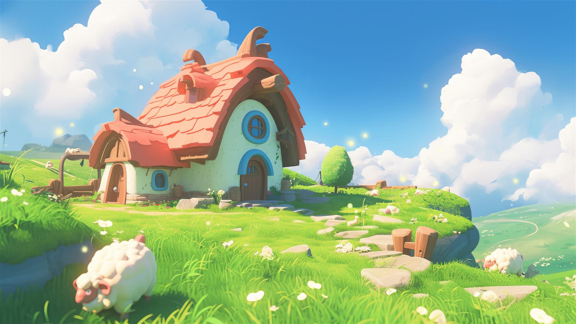 Cartoon-style house with pink roof in field, 2 sheep, blue sky, Nintendo 3D art.