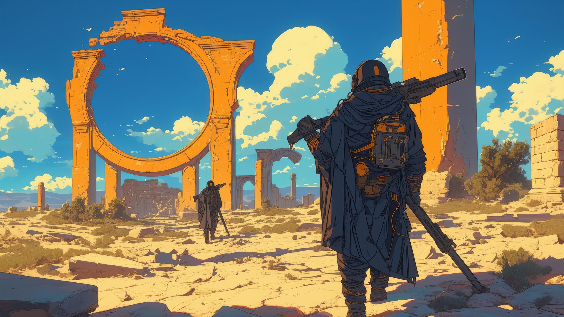 Astronaut couple in space suits with weapons in desert ruins.