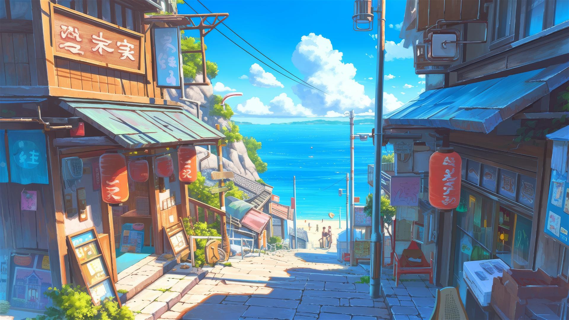 Beach street scene with musicians, shops, and Russian architecture in Miyazaki style.