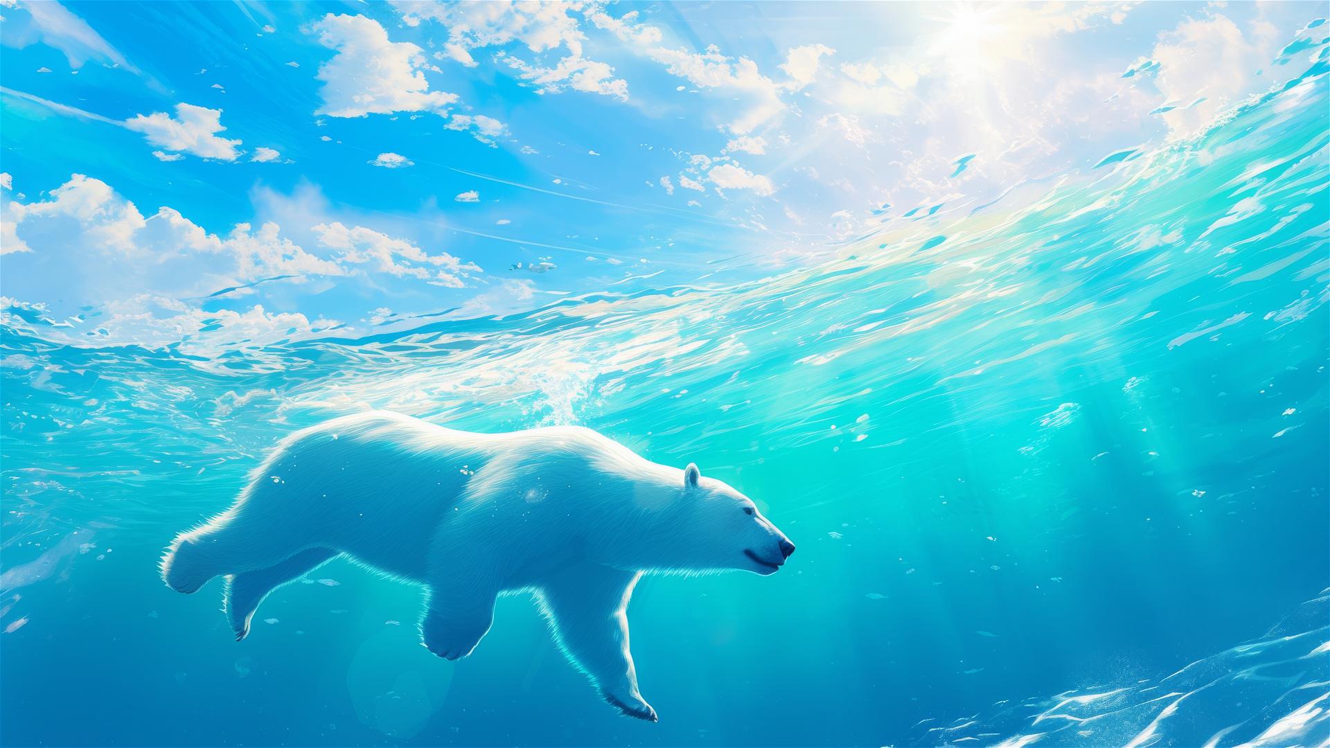 Hyper-realistic 4K image of a polar bear diving