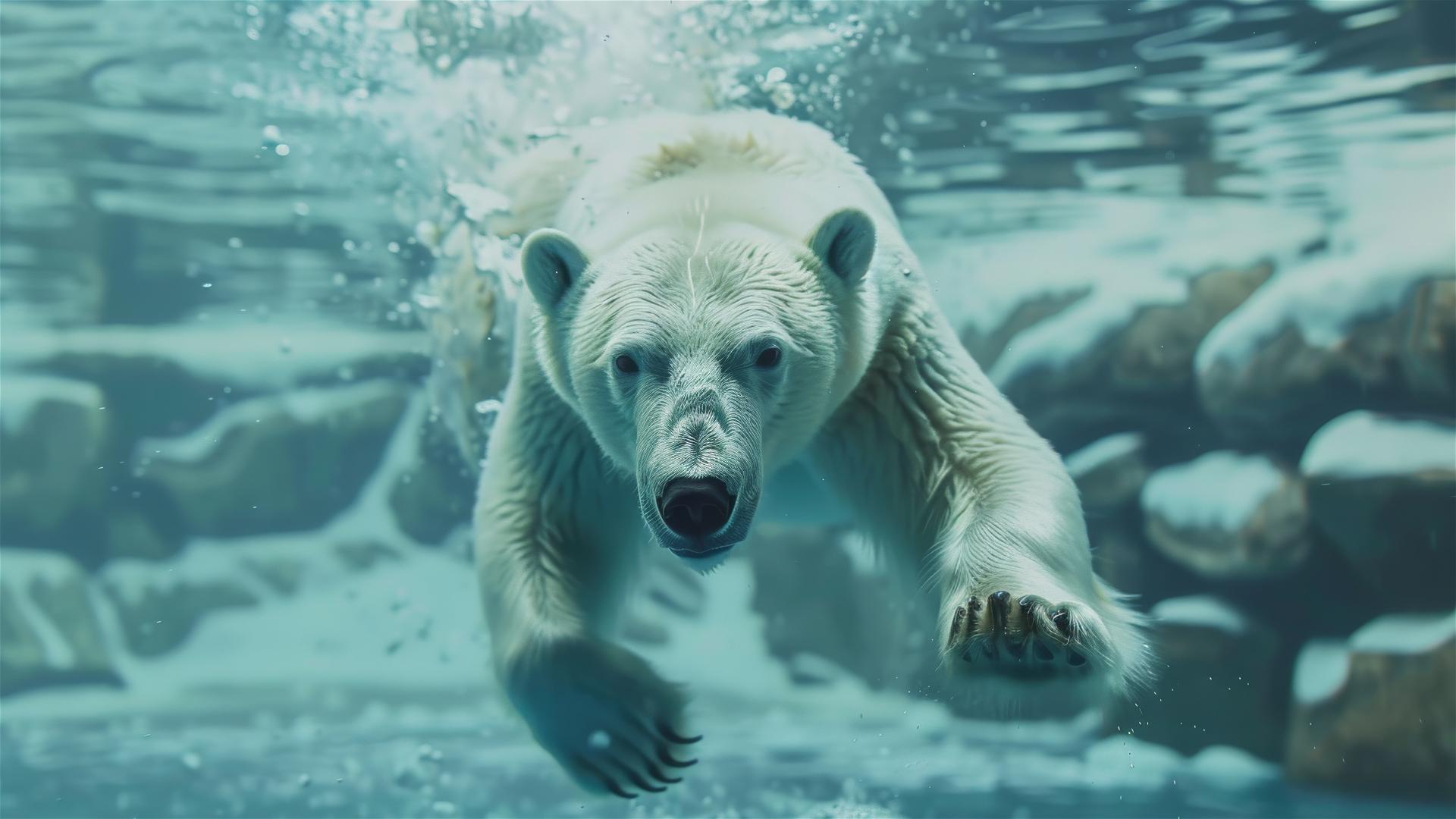 Hyper-realistic 4K image of a polar bear diving