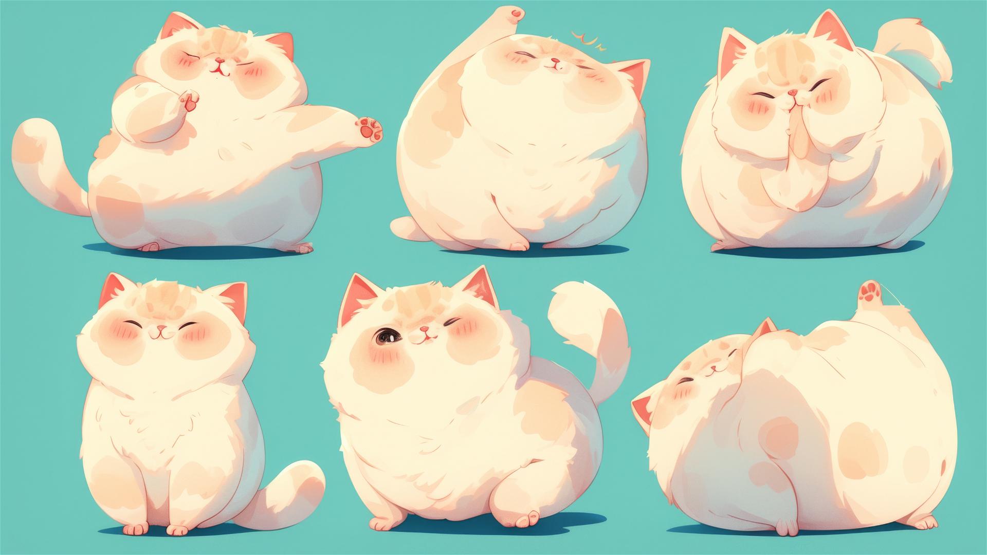 Chubby cartoon cat in cute funny poses with pastel colors