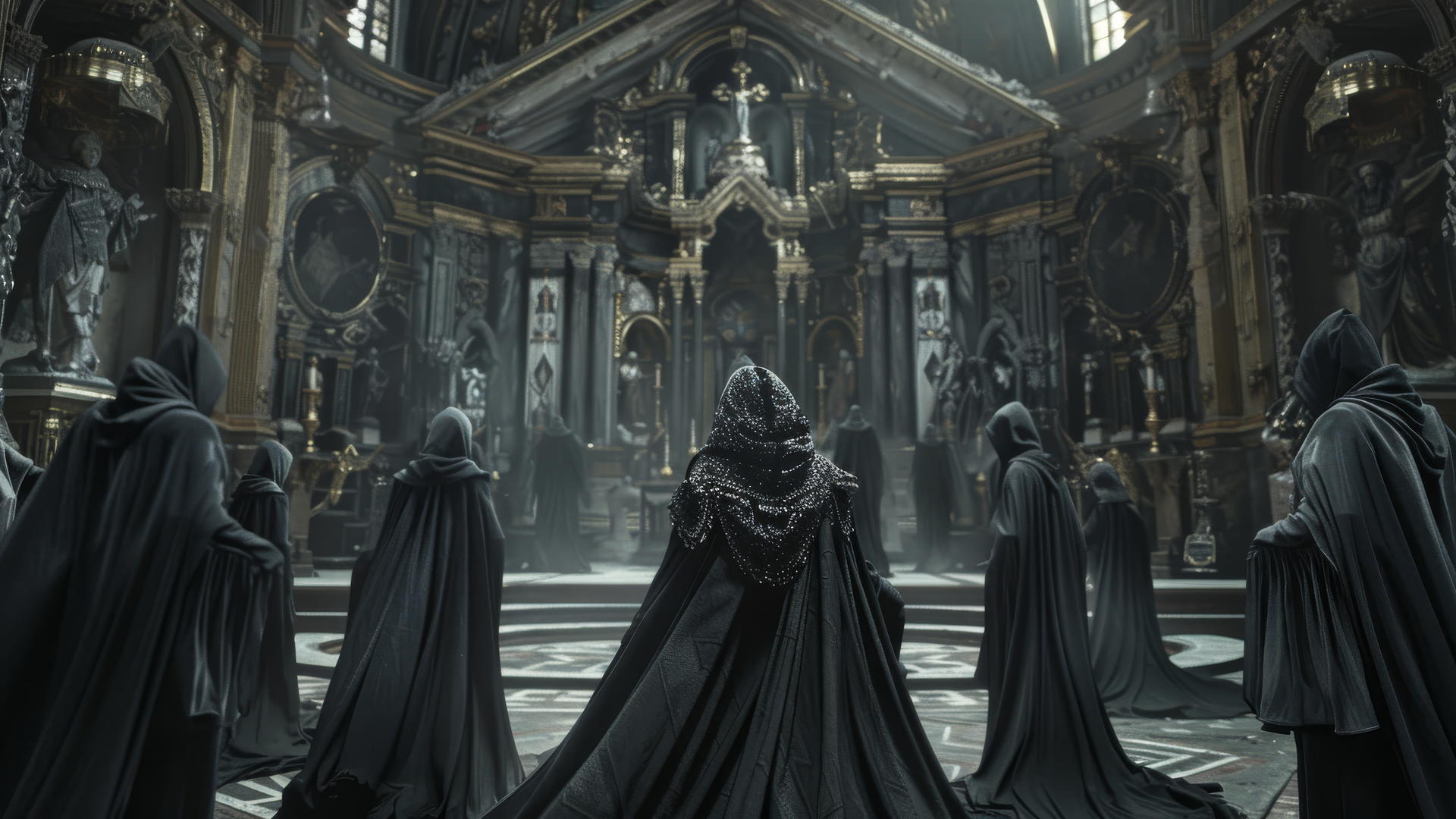 Dark lords lead ritual with witches in baroque church