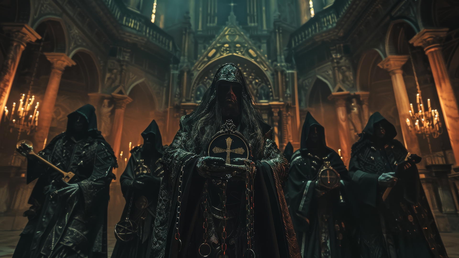 A dark army of Apocalypse lords with black hoods among witches casting a ritual in a baroque church.