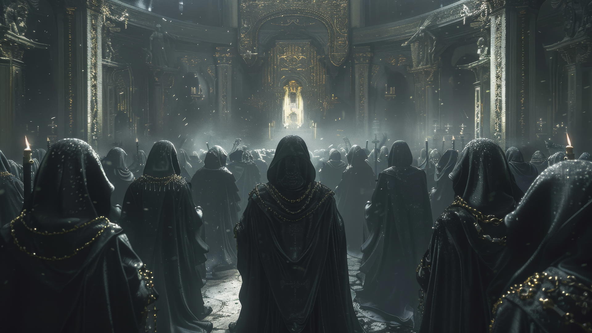 Army of dark lords, witches and priestesses in black hoods performing a ritual in a baroque church