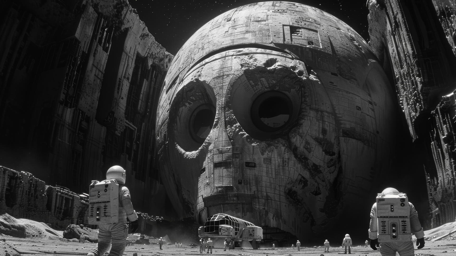 Rusting high-tech alien heavy machinery and astronauts on the dark side of the moon with a vintage black and white fish-eye lens effect and film burn edges.