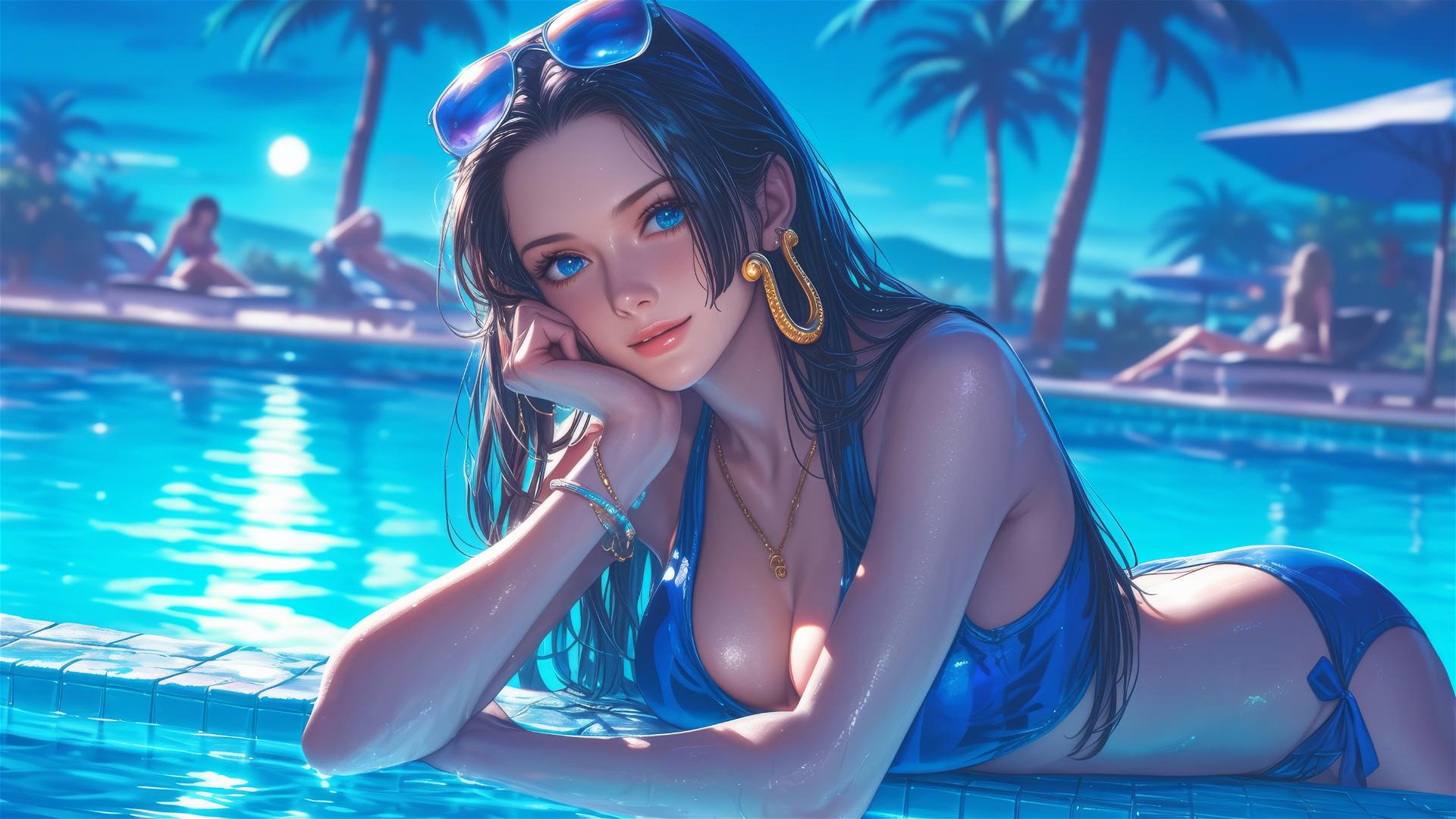 Boa Hancock from One Piece resting by the pool under moonlight