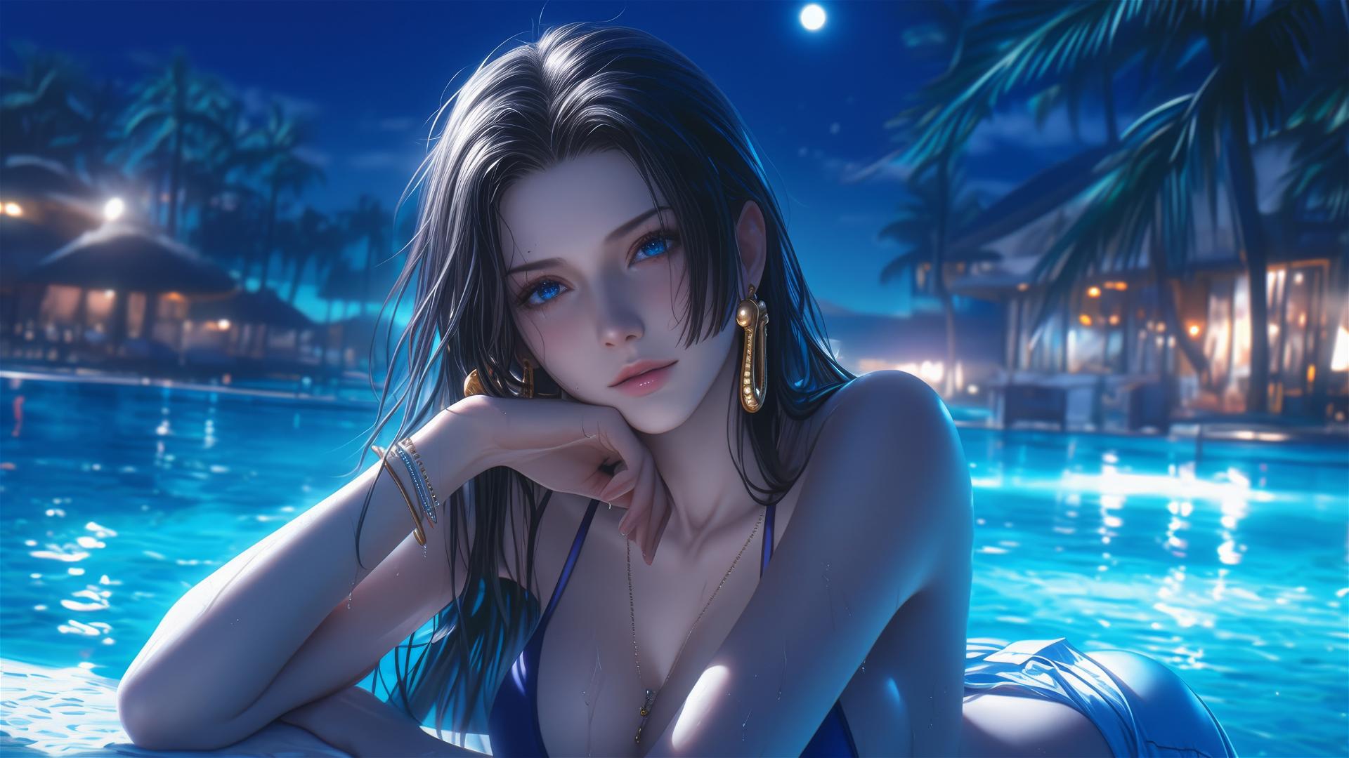 Boa Hancock from One Piece by poolside under moonlight