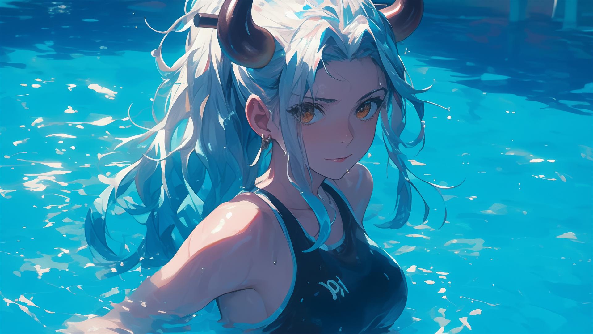 Yamato from One Piece standing in a pool under moonlight with orange eyes