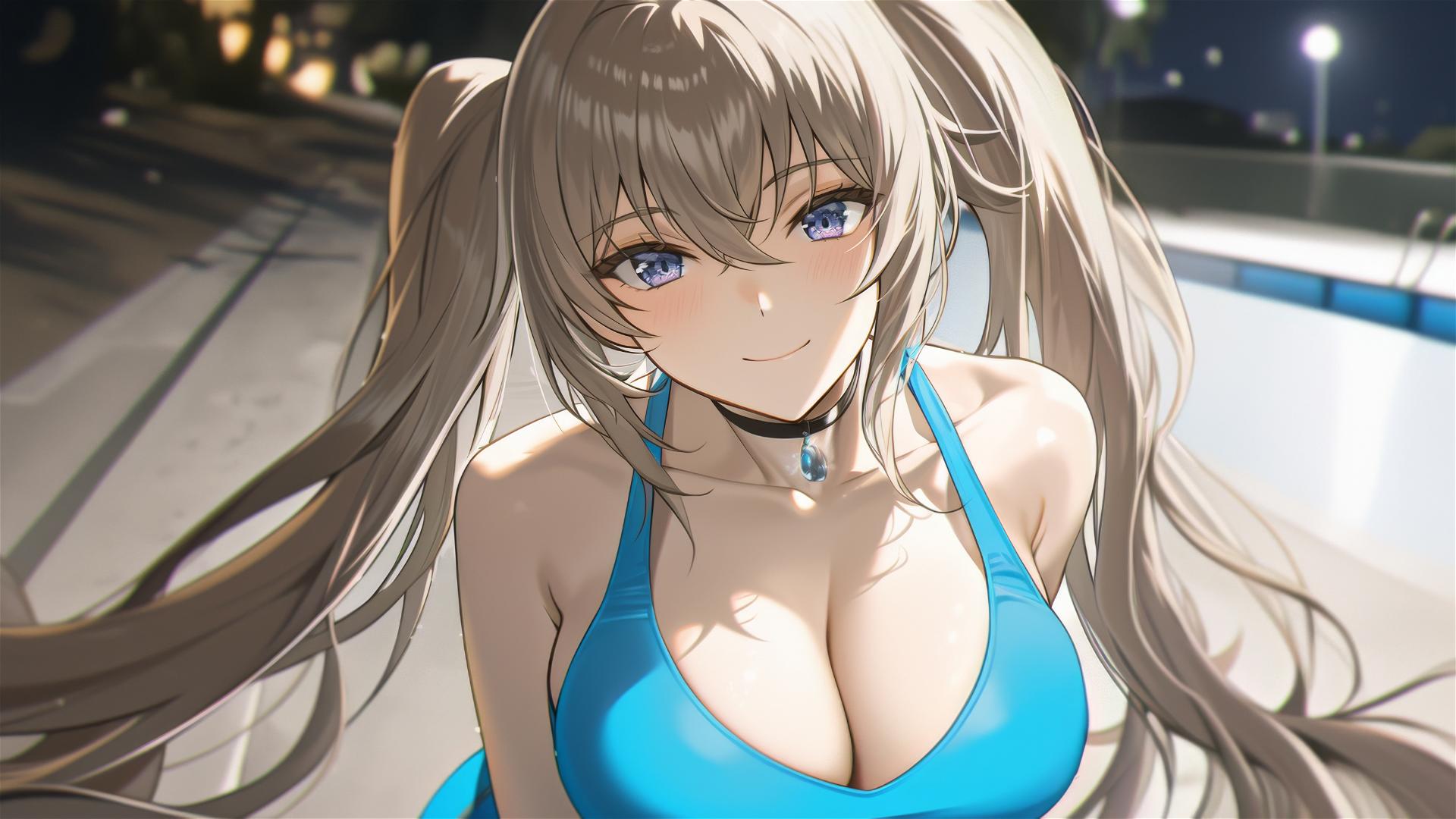 Irina Shidou from High School DxD by the pool under moonlight with violet eyes and twintails