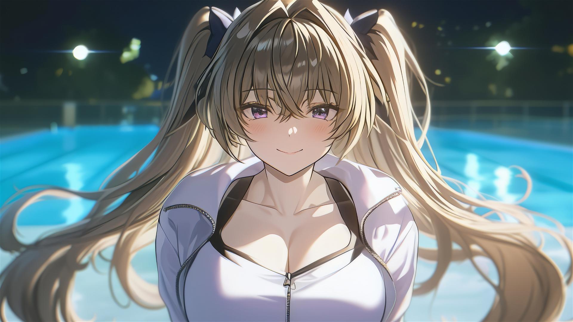 Irina Shidou from High School DxD by the pool with moonlight glow, violet eyes, chestnut twintails with blue scrunchies.