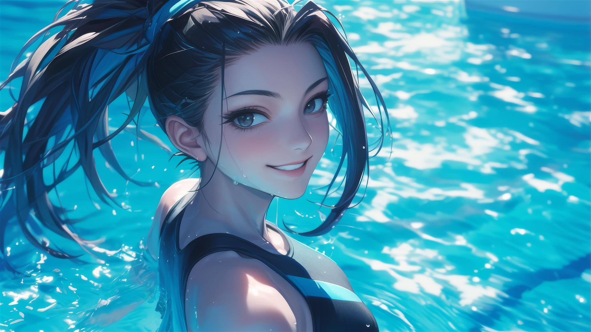 Momo Yaoyorozu swimming under moonlight