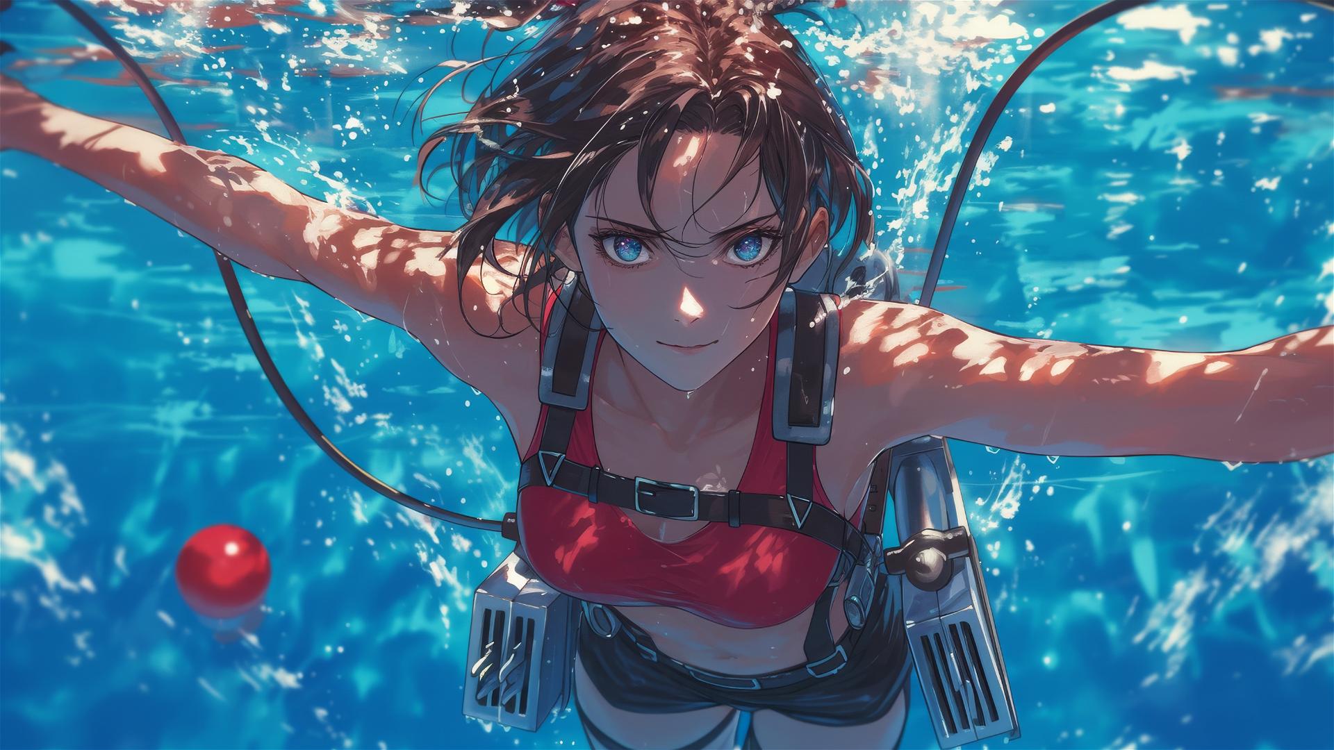 Mikasa Ackerman swimming under moonlight