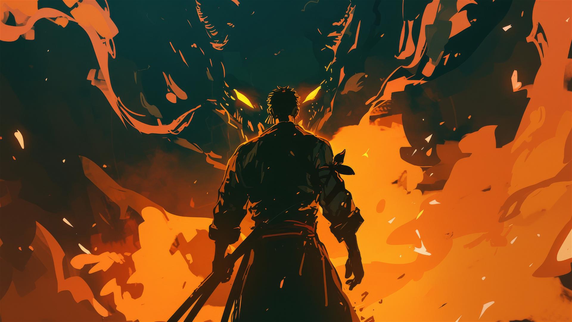 Silhouette of Roronoa Zoro from One Piece with fire casting shadows in a cave