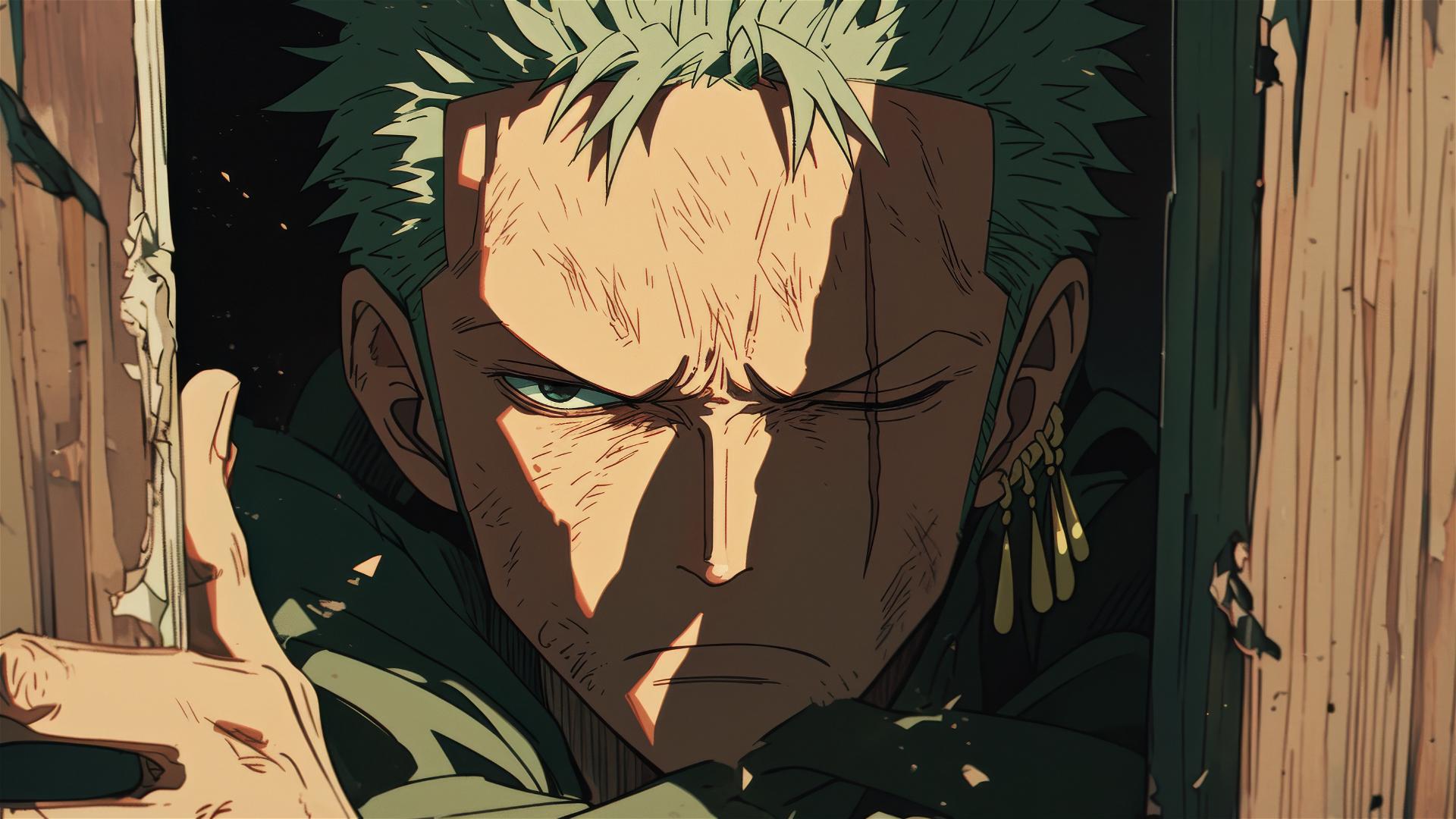 Zoro's eyes peering through a cracked old door