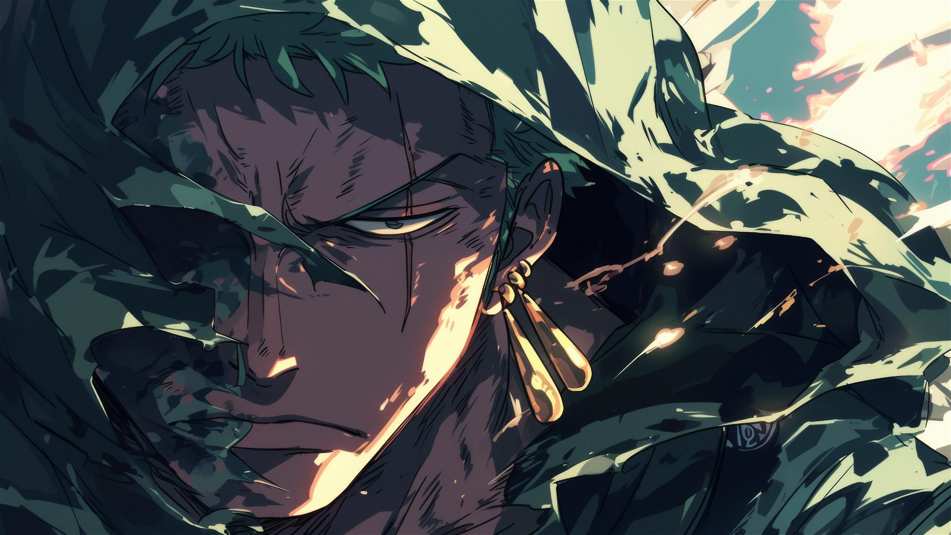 Roronoa Zoro's face half-hidden by dark hood, eyes glowing in shadow