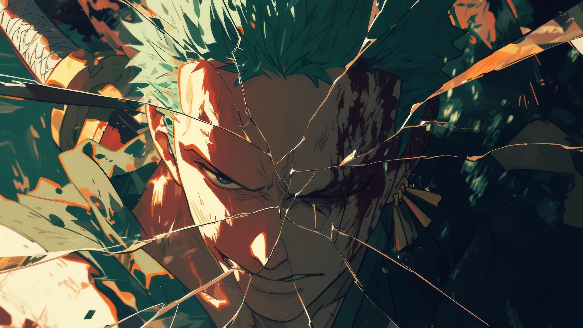 Zoro battles foes through a cracked wall view