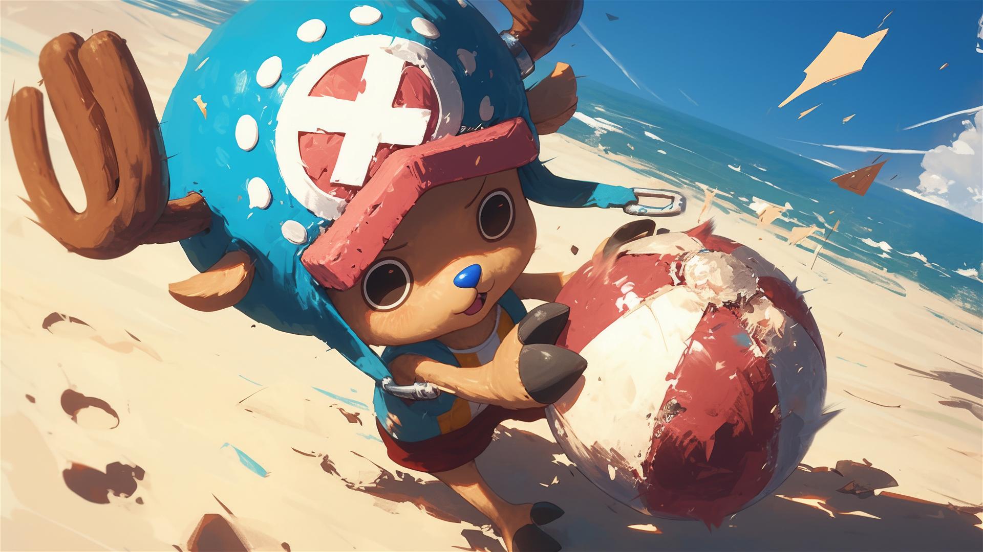 Tony Tony Chopper from One Piece, playing with a beach ball, sandy beach scene with footprints