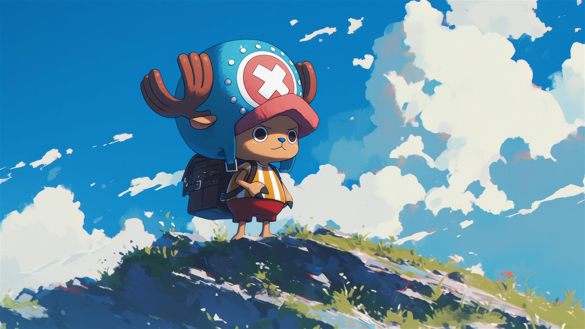 Tony Tony Chopper from One Piece on hill with cape