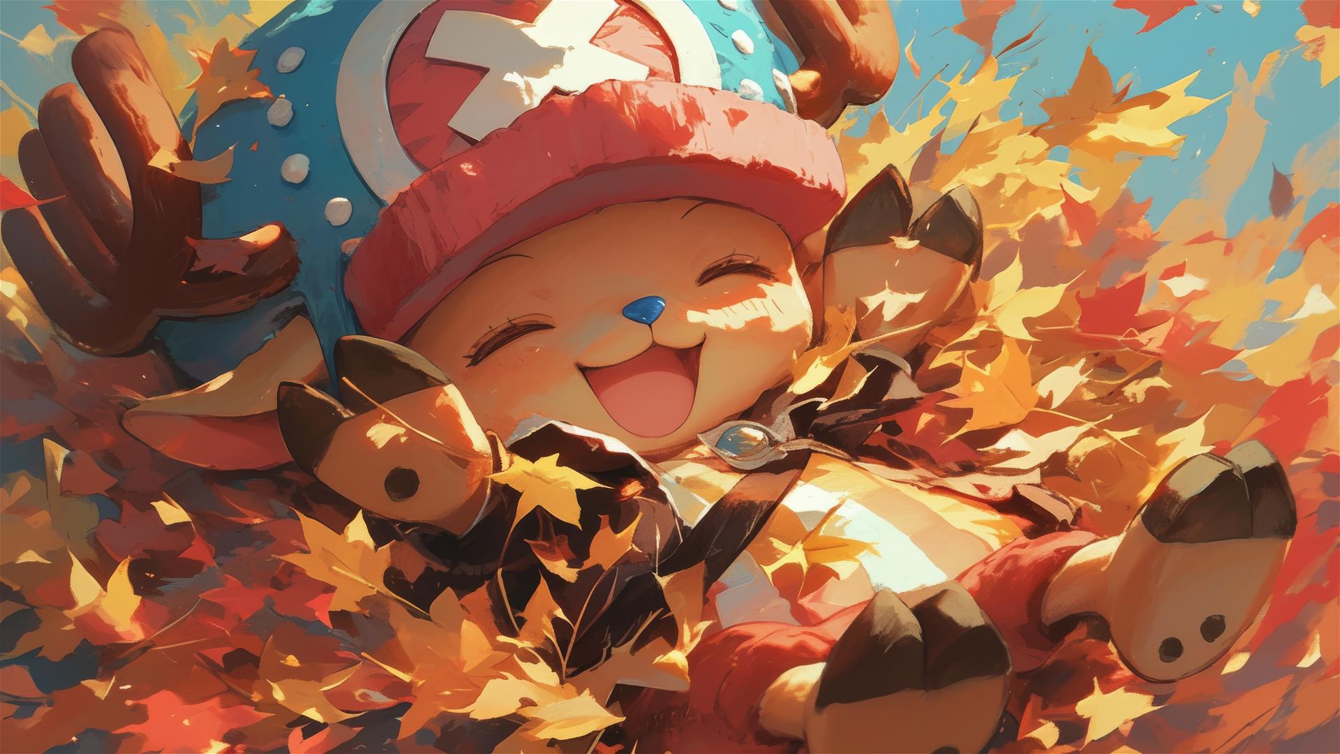 Tony Tony Chopper from One Piece in autumn leaves, giggling