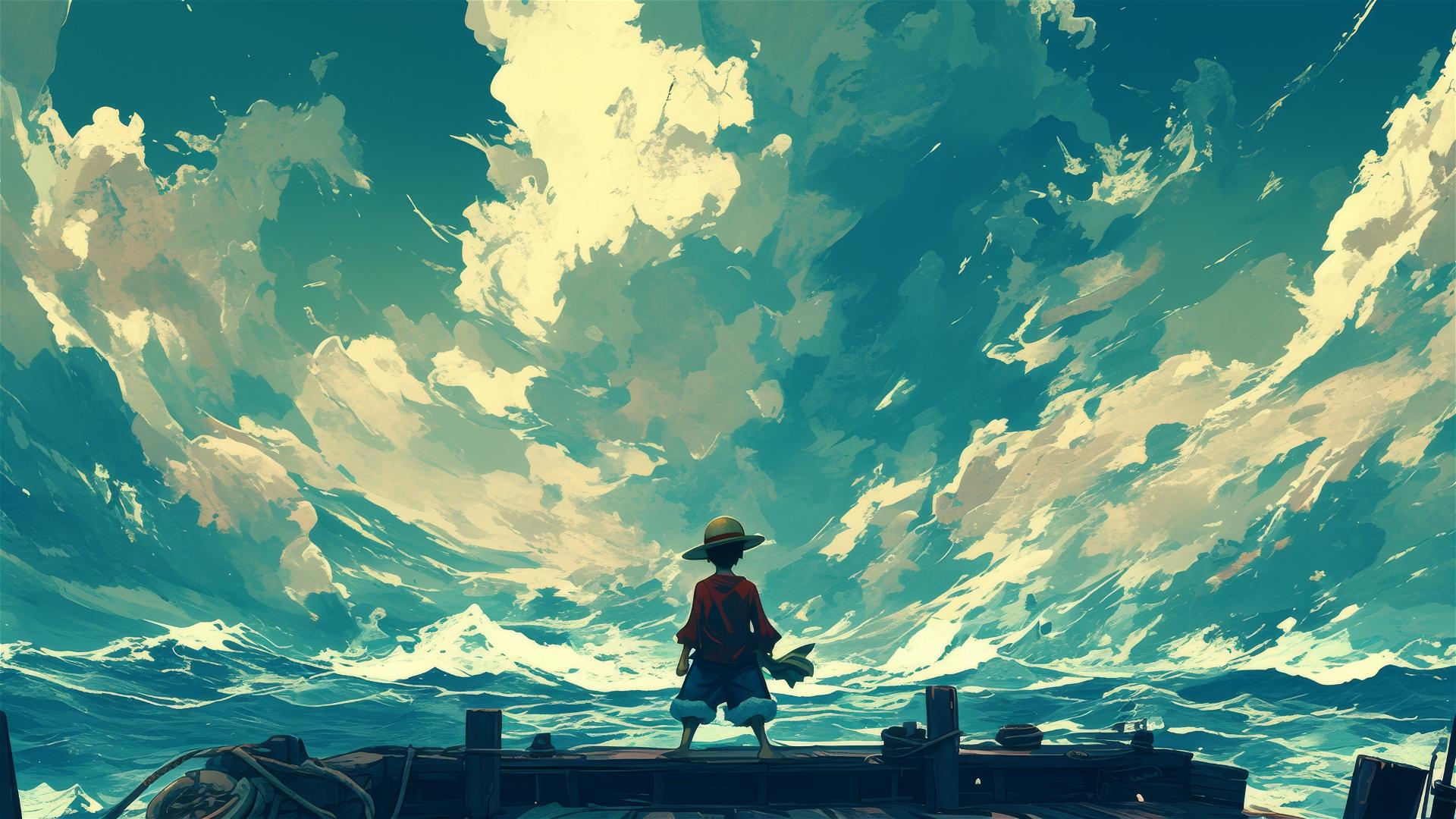 Luffy on deserted ship under stormy skies