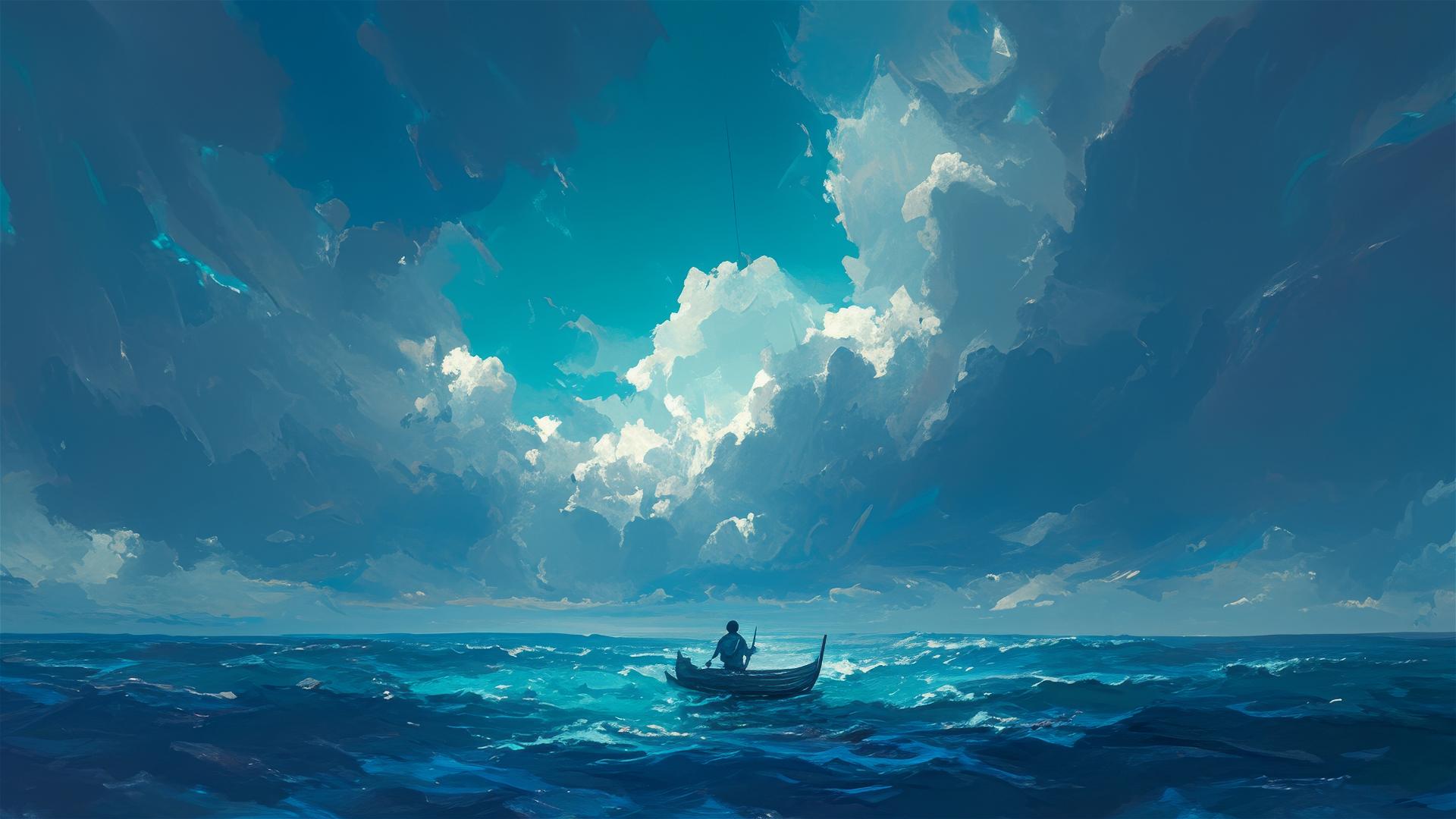 Luffy on a boat alone in ocean under stormy skies