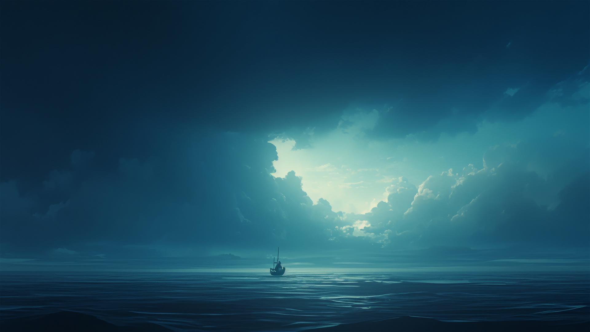 Luffy on a boat in the ocean under stormy skies
