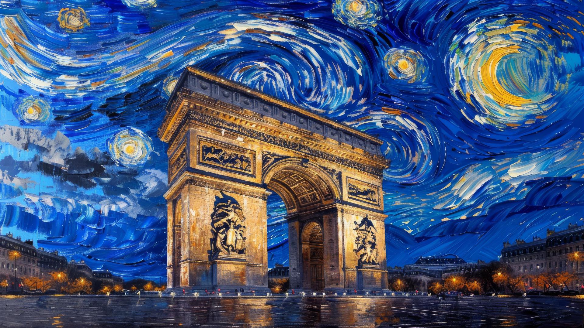 Arc de Triomphe with van Gogh's Starry Night sky at twilight