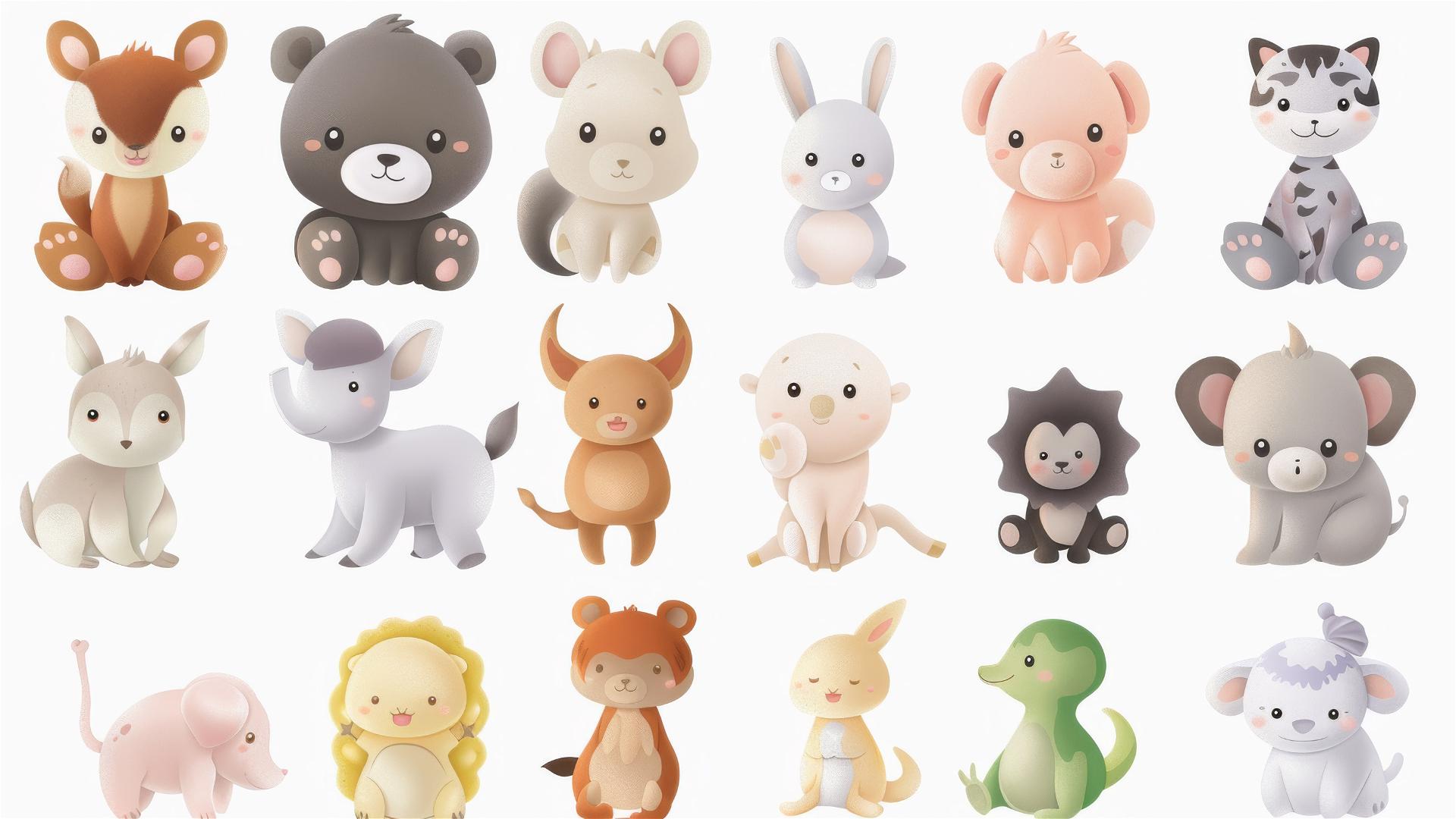 Kawaii baby animals on white background