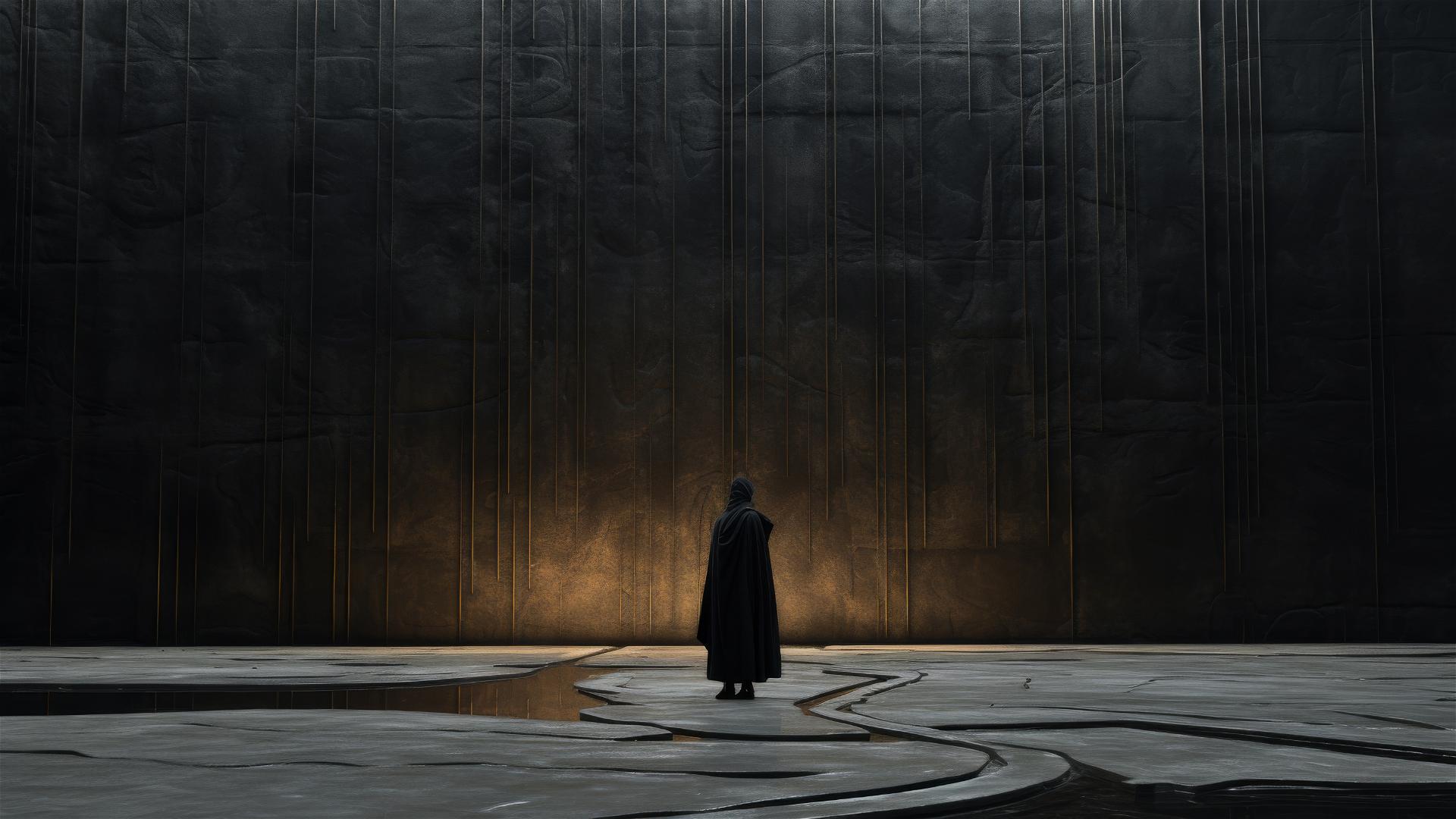 Minimalist room with geometric shapes, monk in black robe, matte concrete texture, warm light