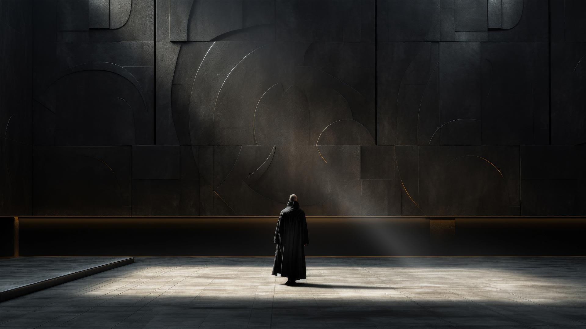 Minimalist room with geometric lines, water spots, monk in black robe, and warm lighting