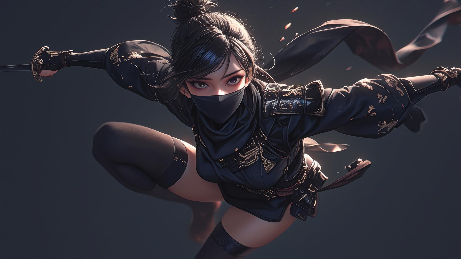 Ninja girl with mask and spotlight on thigh