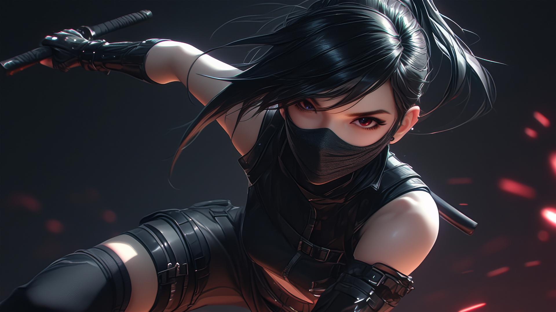 Ninja girl with short hair in dynamic pose on dark background, mask covering face, spotlight on thigh