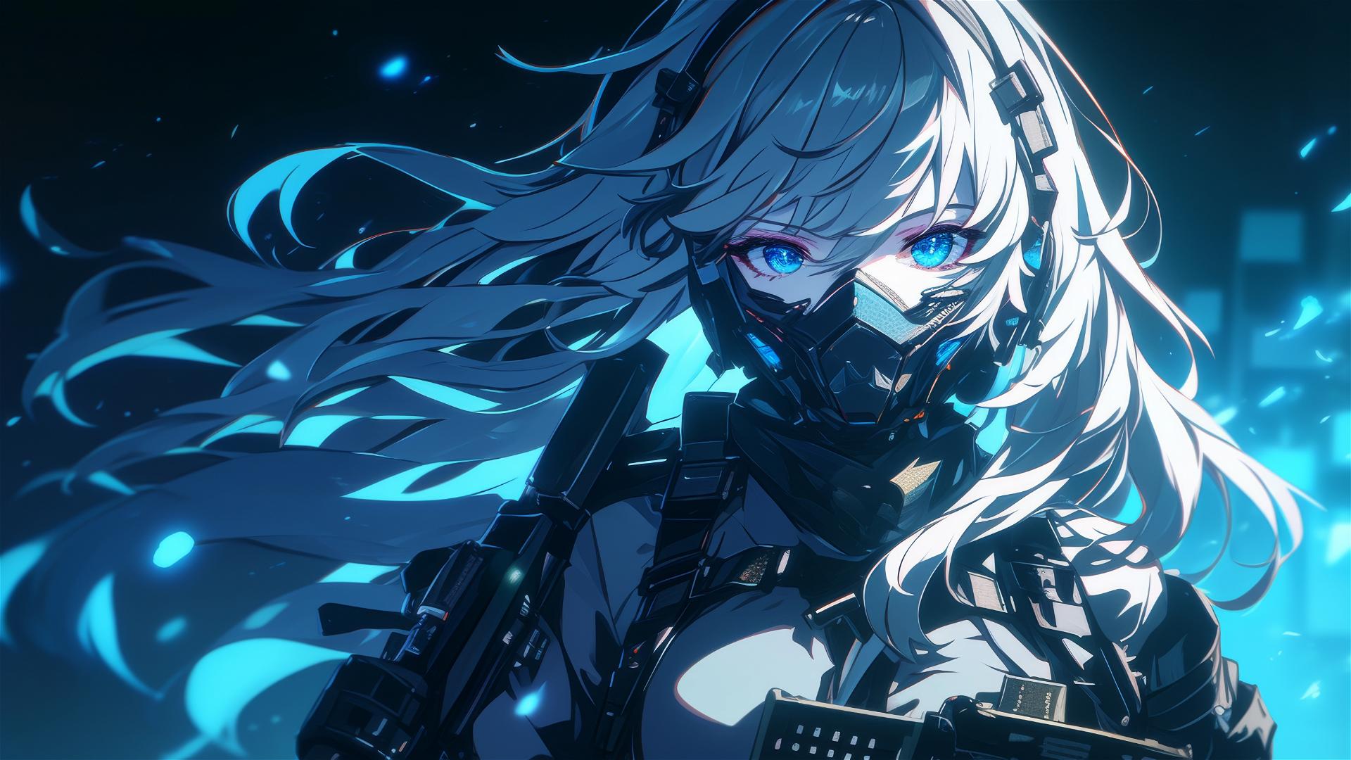 Tactical schoolgirl with a dark mask, spotlight on thighs in dynamic pose