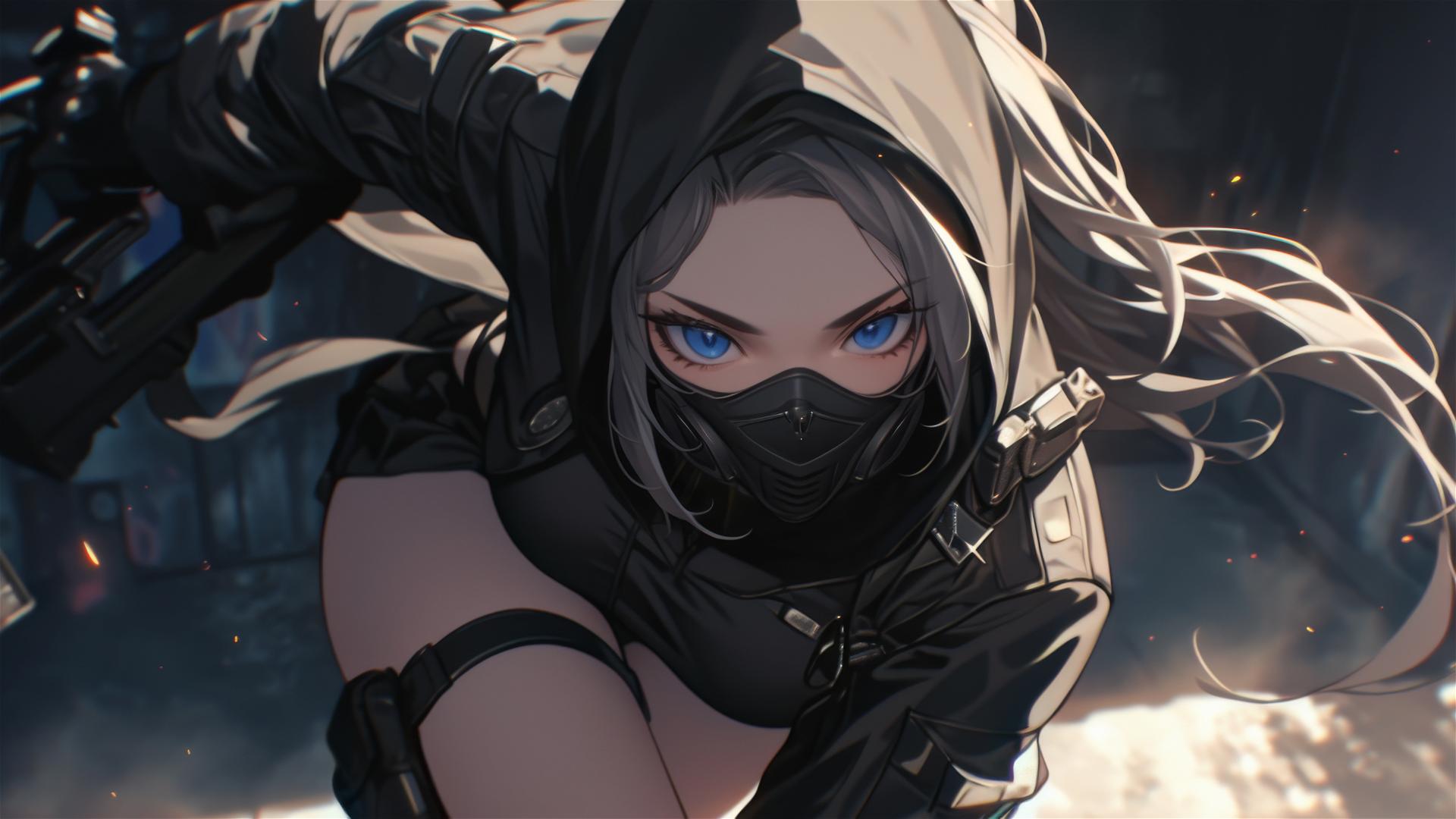 Tactical school girl with masked face in dynamic pose highlighting thigh against dark background with spotlight effect