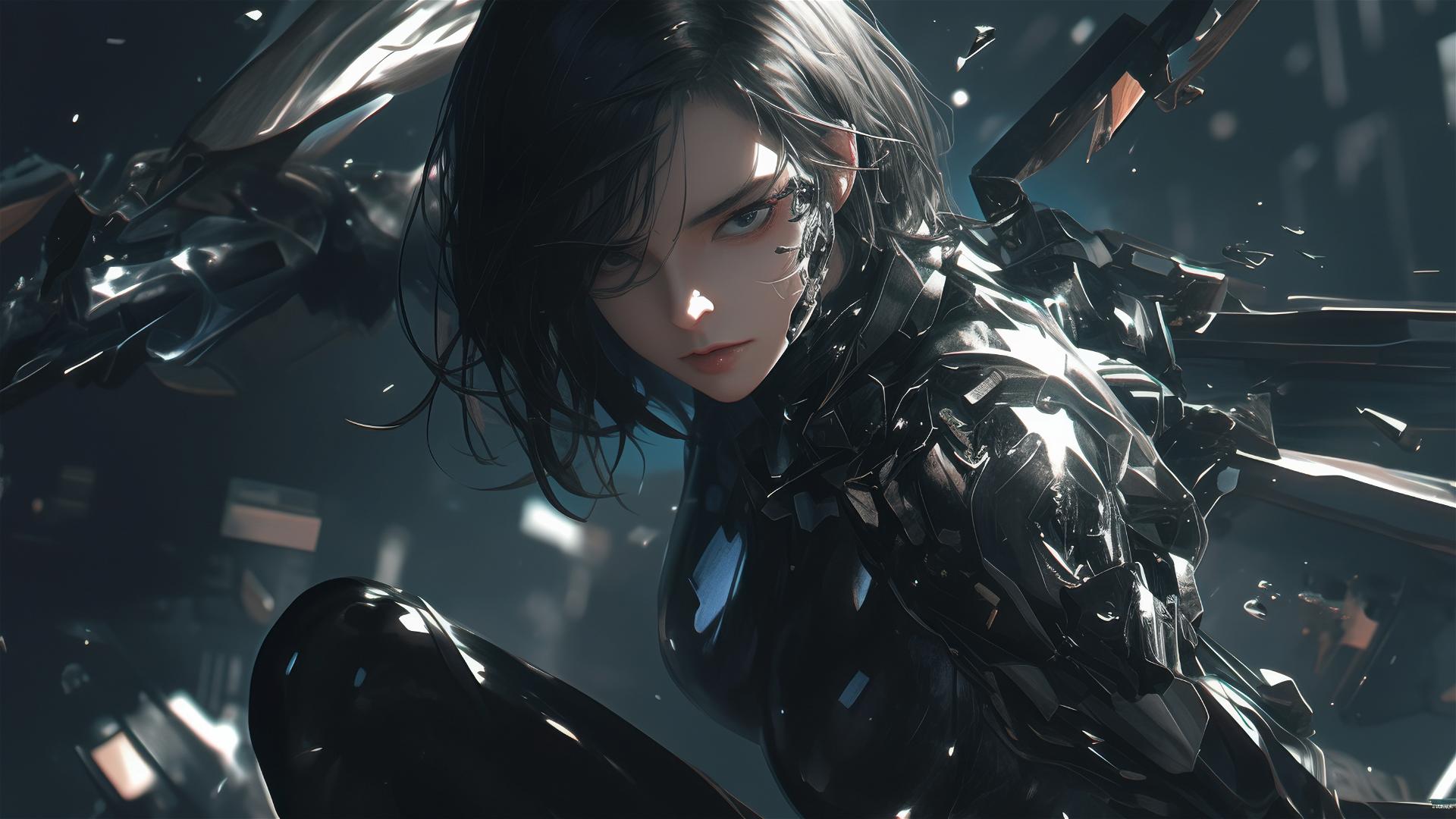 Cybernetic Agent Girl in dynamic pose with thigh focus on dark background