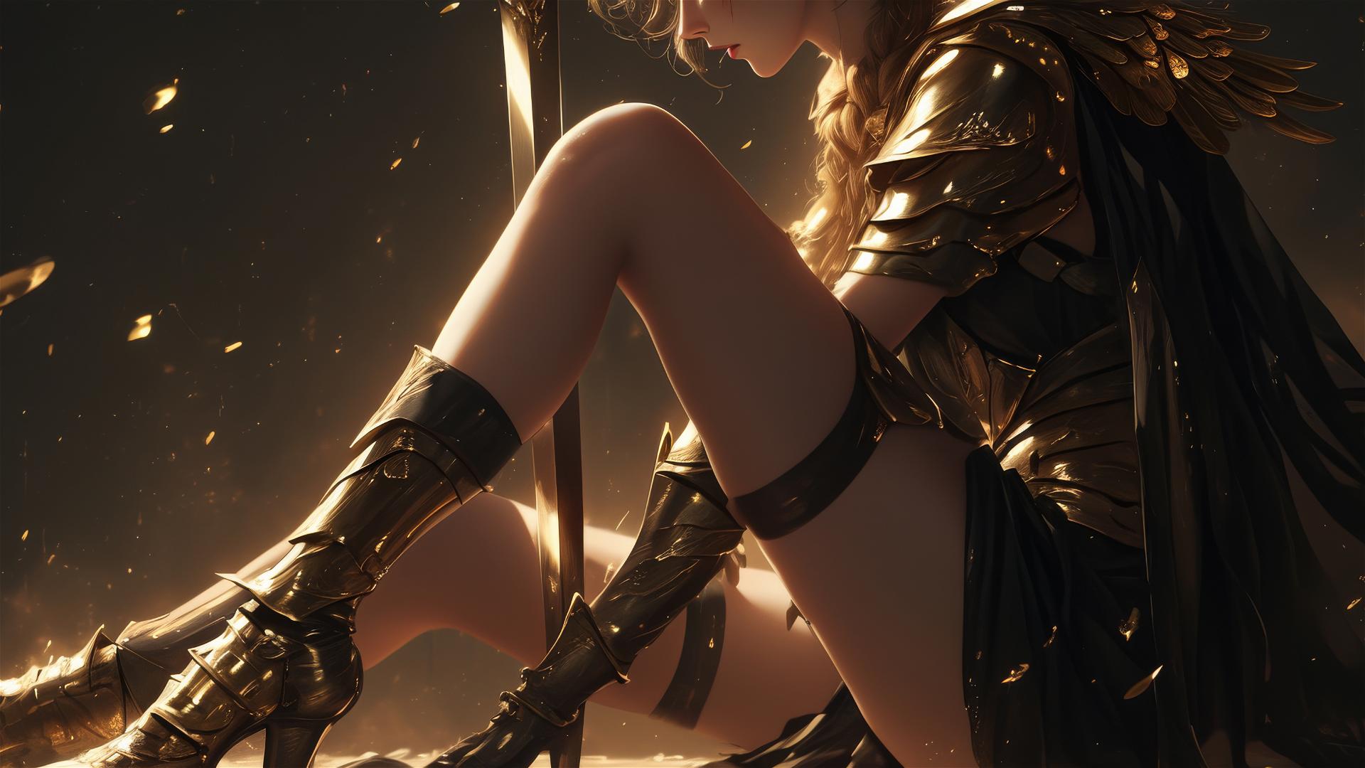 Gladiator warrior girl in dynamic pose with thigh focus against dark background