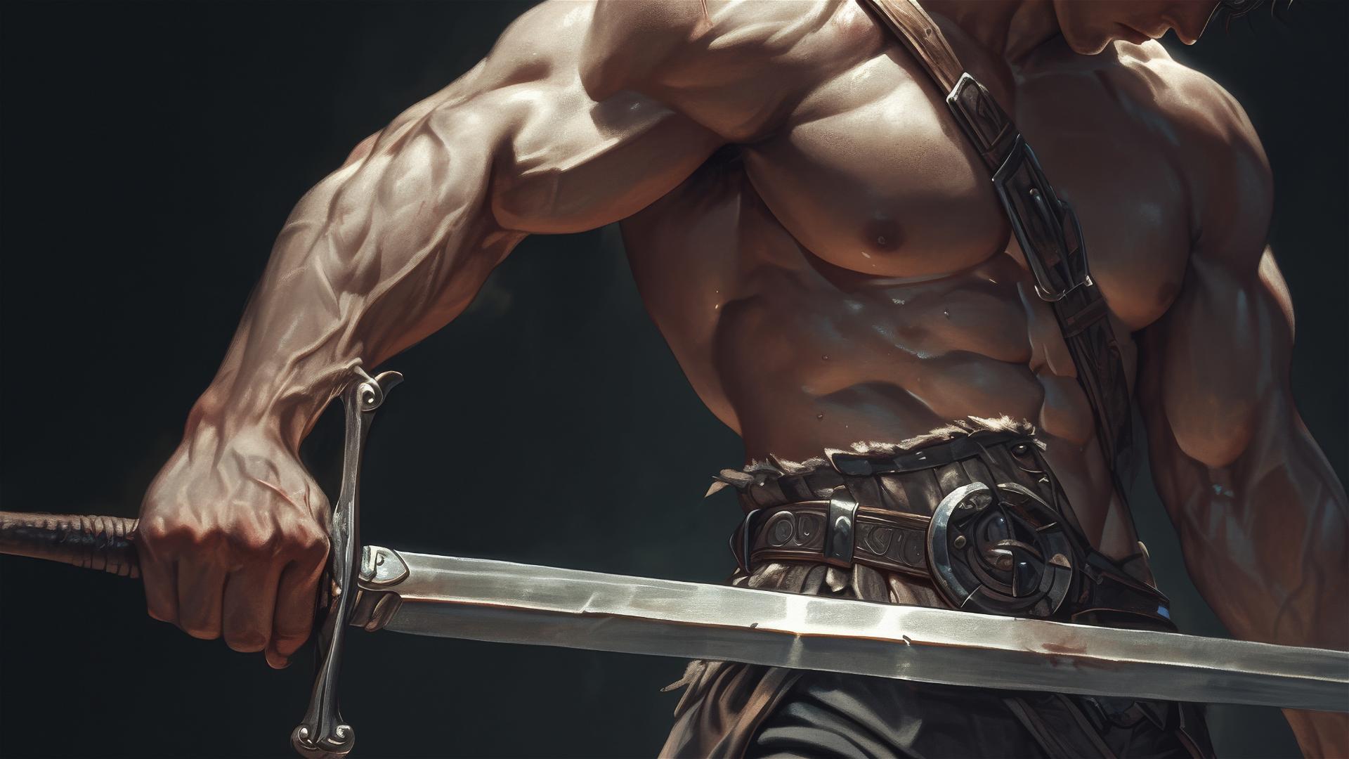 Gladiator warrior in spotlight with dark background, epic thigh focus