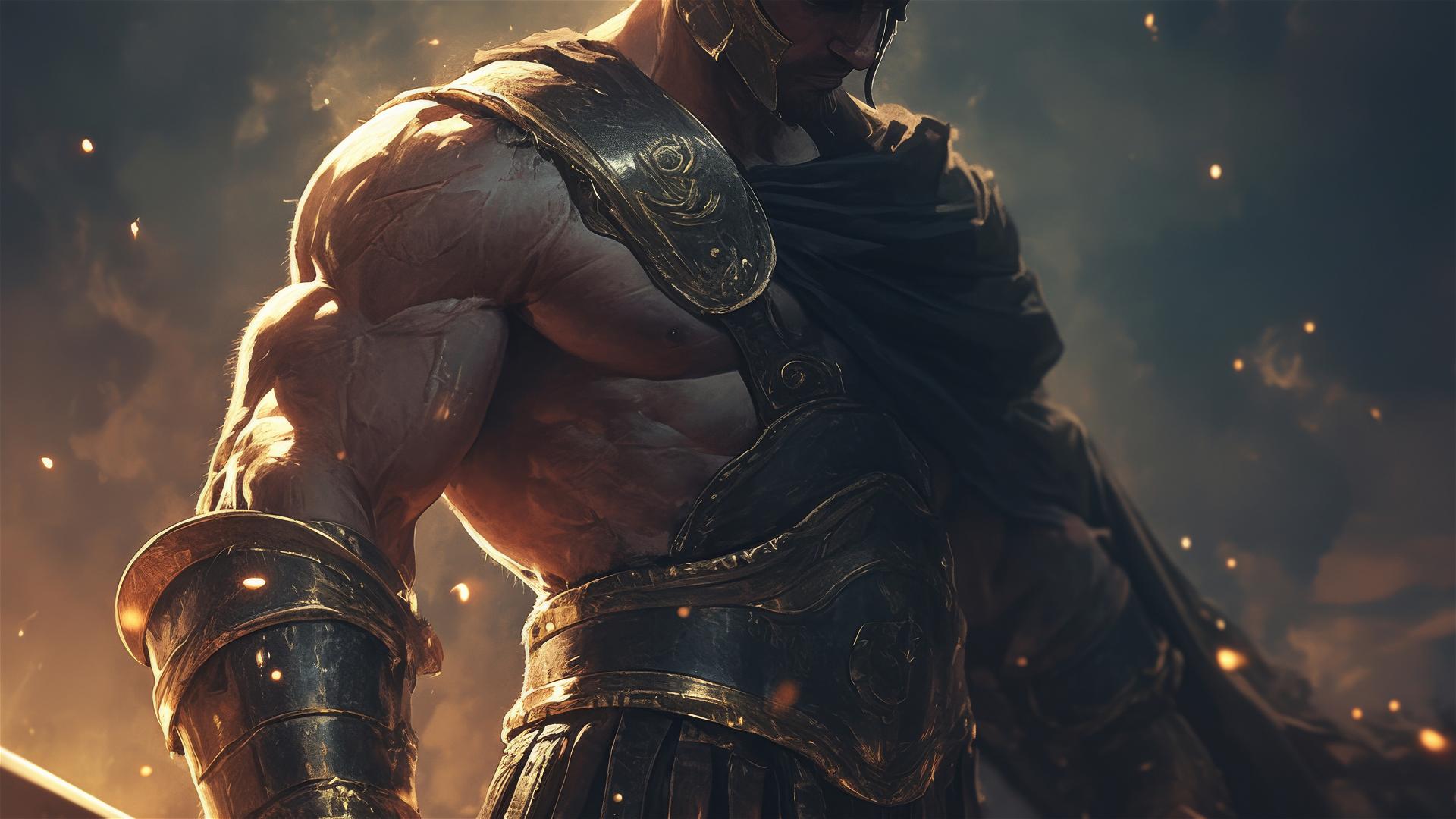 Handsome Gladiator Warrior with thigh focus on dark background