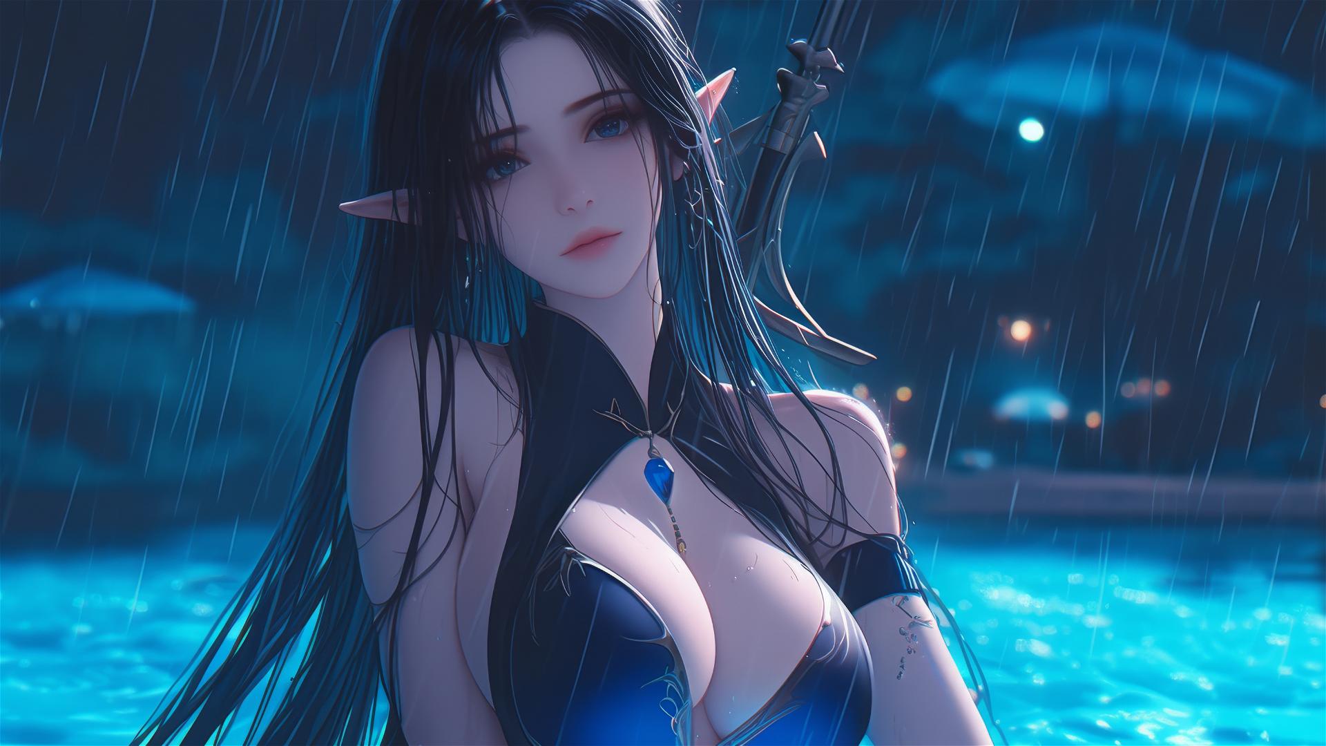 Fantasy Elf girl resting by rainy pool with moonlit glow