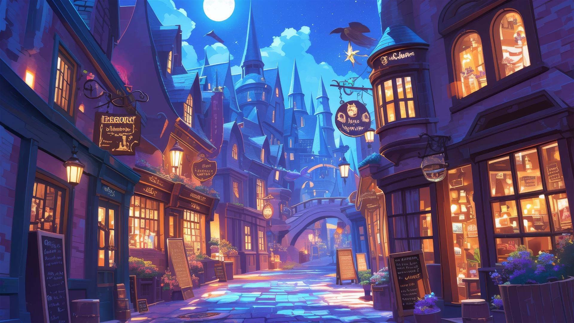 Ghibli-style illustration of Diagon Alley at night with stars