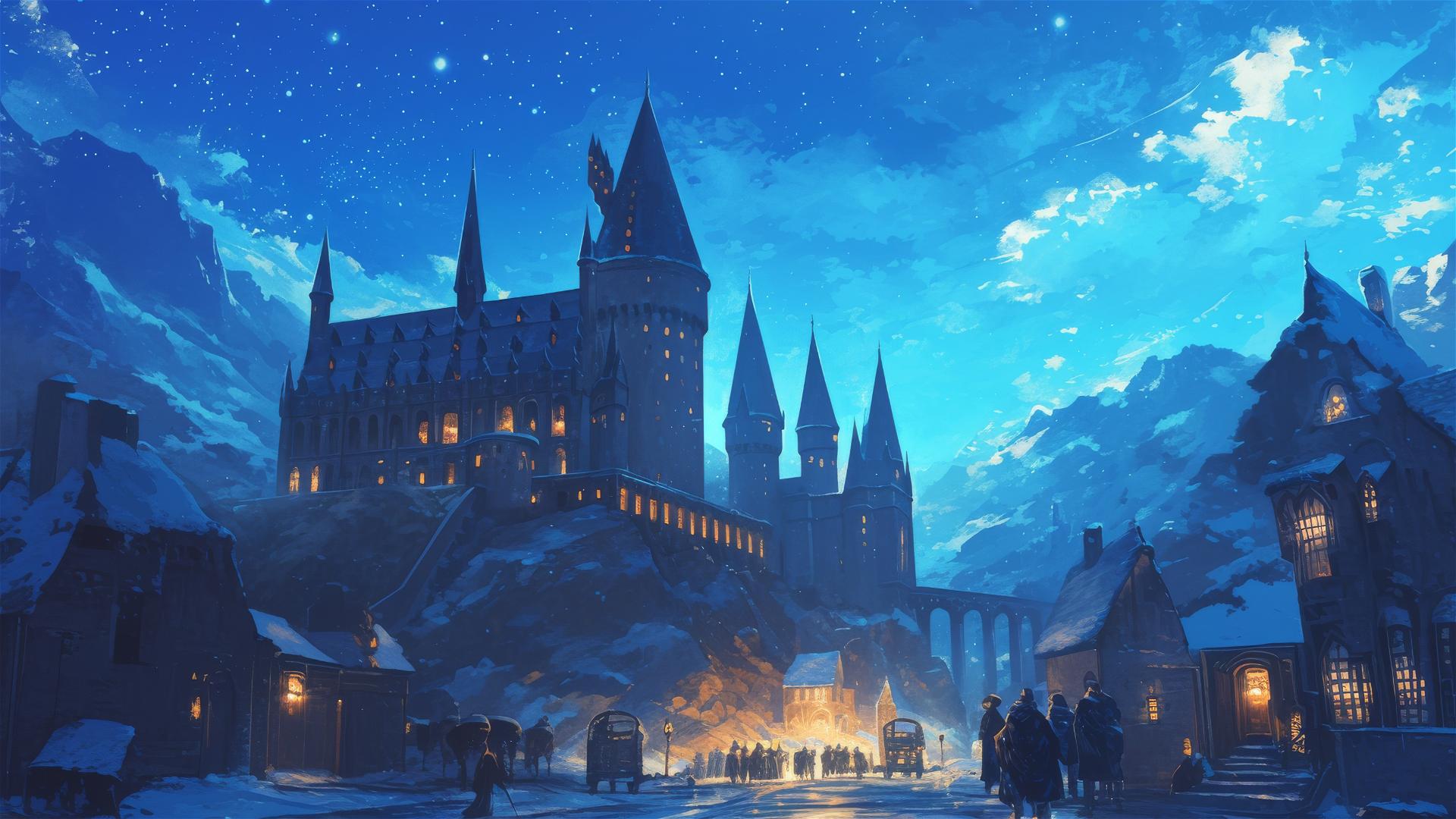 Ghibli-style Hogwarts at night with stars