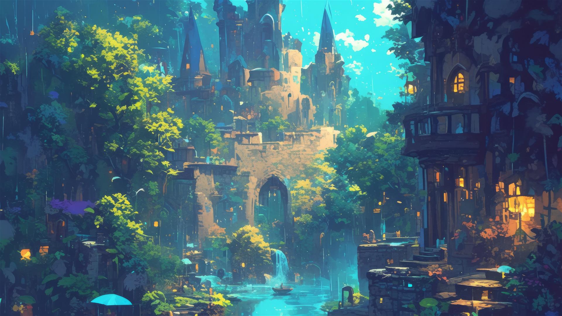 Ghibli-inspired rainy scene at Hogwarts School