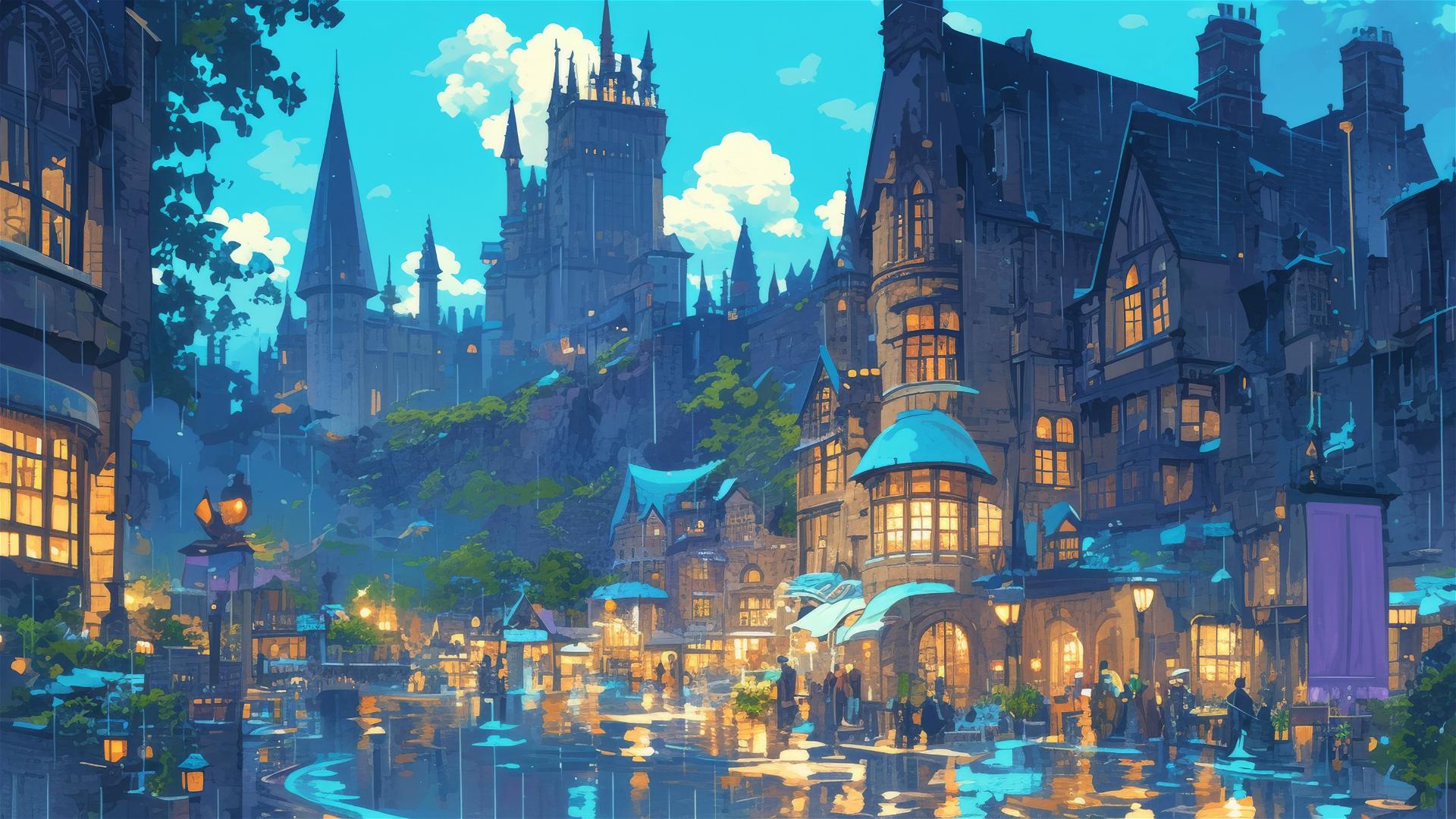 Ghibli-inspired rainy Hogwarts illustration from Harry Potter