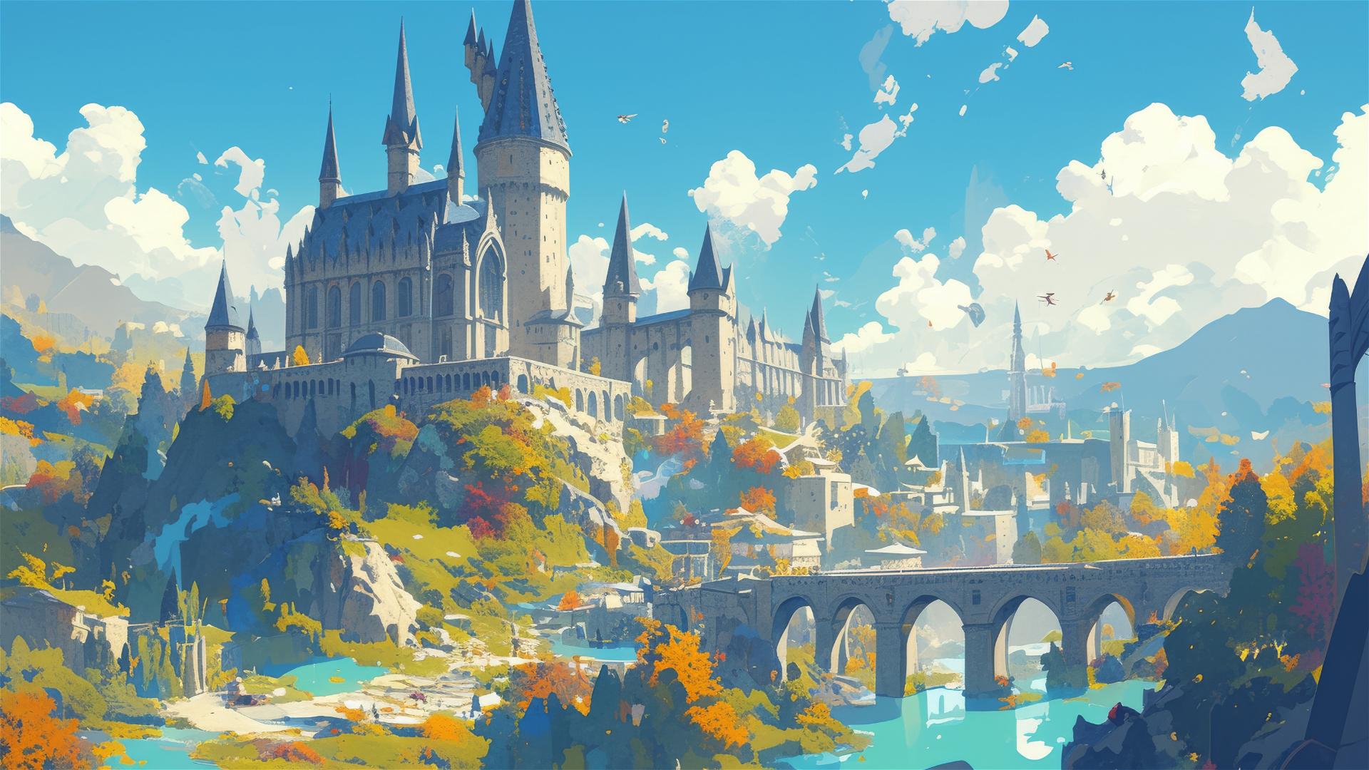 Ghibli-inspired Hogwarts in the rain illustration