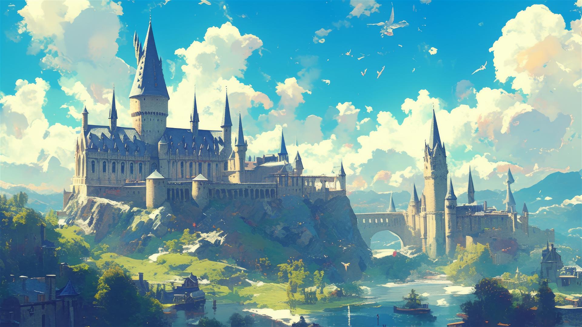 Ghibli-inspired illustration of Hogwarts School