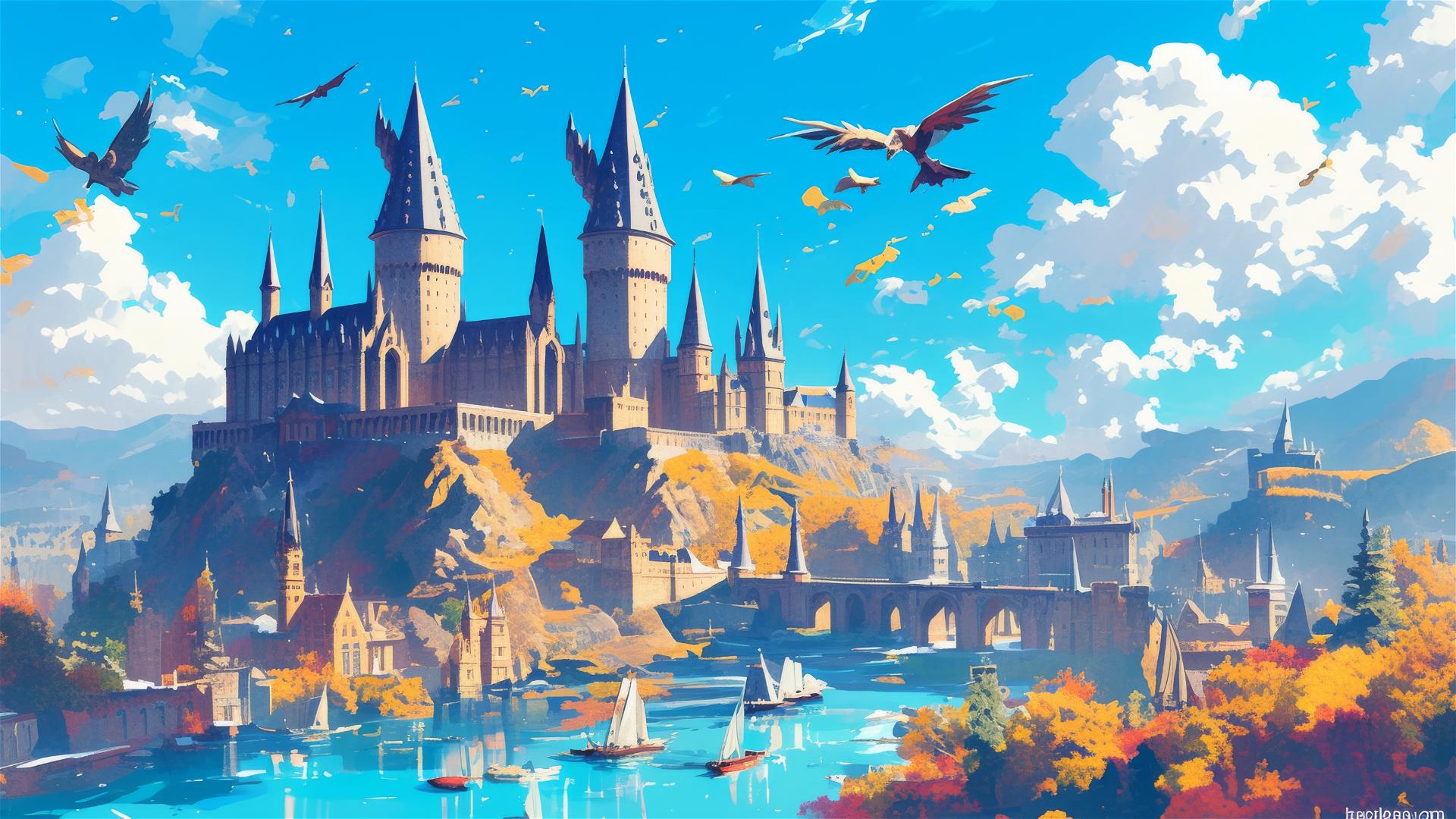 Aerial view of Hogwarts from Harry Potter