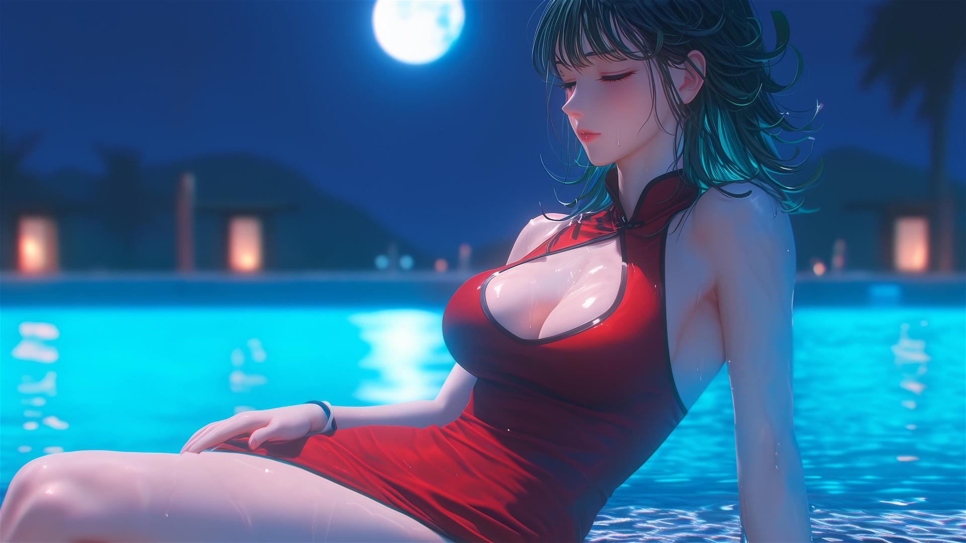 Tatsumaki from One-Punch Man relaxing by the pool under the moonlight, wearing a red dress on a rainy night.