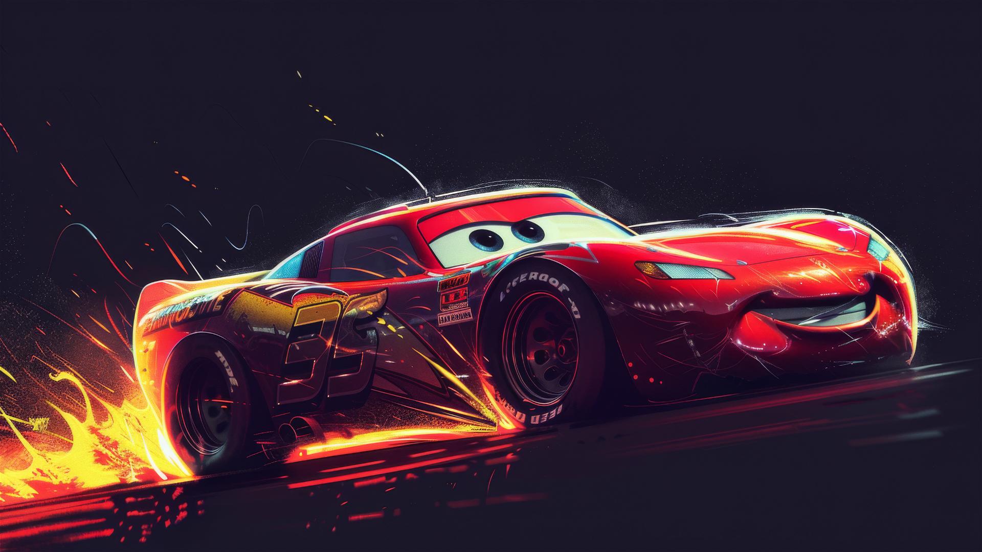Pixar-style Lightning McQueen with a Harry Potter twist under a spotlight on a dark background